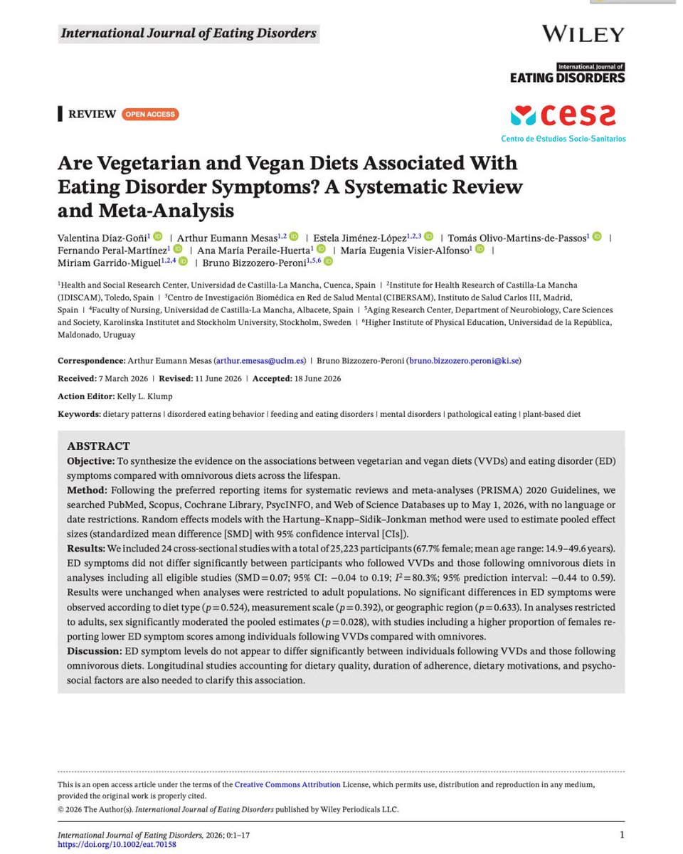 CESS_UCLM's tweet photo. 👉 Compartimos el artículo de investigación: "Are Vegetarian and Vegan Diets Associated With Eating Disorder Symptoms? A Systematic Review and Meta-Analysis" realizado por investigadoras e investigadores del Cess.
👇👇
https://t.co/GCo7enYKDQ https://t.co/gEJ9d0CPxl
