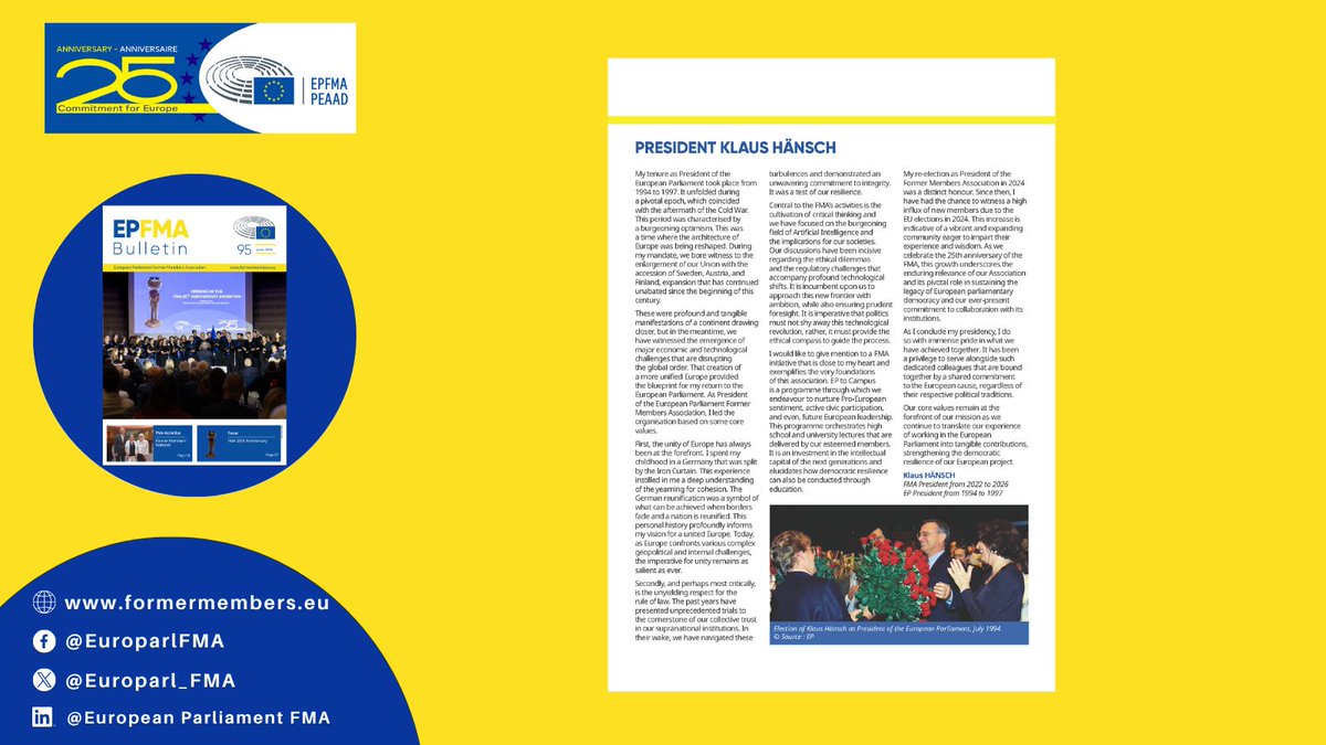 Europarl_FMA's tweet photo. ✍️ By Klaus Hänsch, Former European Parliament and FMA President

Klaus Hänsch reflects on his presidency of the European Parliament as he came to the end of his mandate as President of the Former Members Association beginning of June. 

President Hänsch further reflected on the priorities which guided him through his leadership of our Association: the unity of Europe, the rule of law and the burgeoning field of Artificial Intelligence. 

🔗 Read the full article in the FMA Bulletin (page 30): https://t.co/e5wqslWWfZ