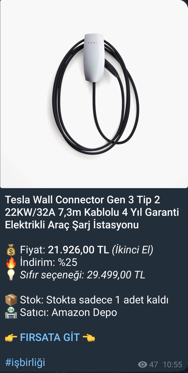 acarzeyd's tweet photo. Tesla Wall Connector Gen 3 (Tip 2, 22 kW, 7.3 m)

21.926 TL (İkinci El)
Sıfırı: 29.499 TL 
Yaklaşık %25 indirim

Amazon Depo güvencesiyle. 

Stokta yalnızca 1 adet kaldı!

https://t.co/QoCY7EqWCP

#reklam #işbirliği https://t.co/gcugUpBOv6