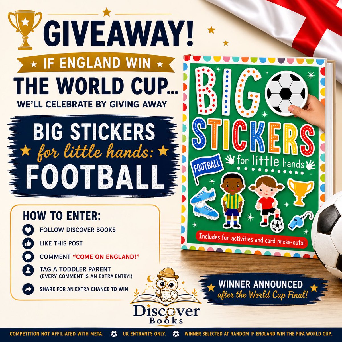 DiscoverBooksUK's tweet photo. ⚽🏆 GIVEAWAY TIME! 🏆⚽

If England bring football home, we’ll be celebrating with a fantastic football-themed giveaway! 🎉

Perfect for little football fans, this fun-filled sticker book is packed with colourful stickers, activities, and football-themed fun. https://t.co/iBAB3Wtsgo