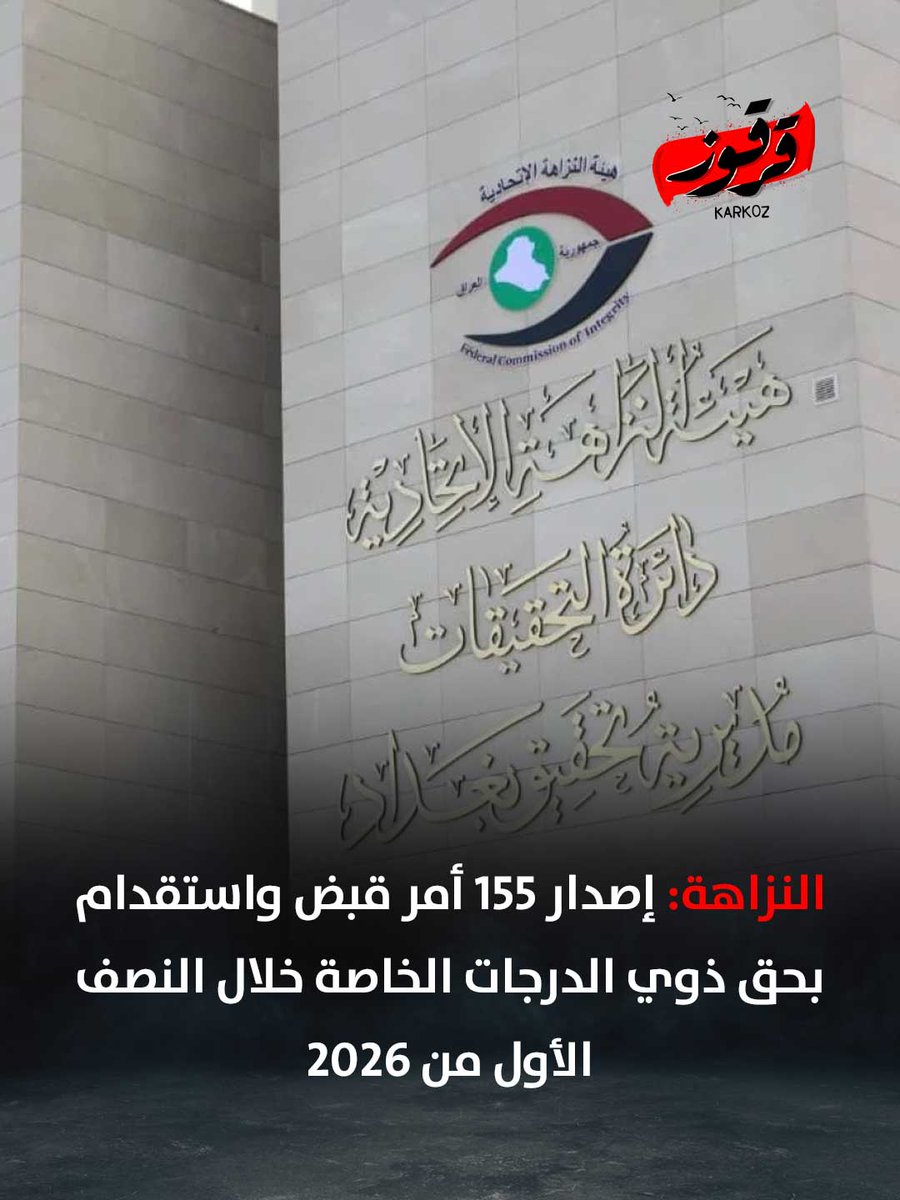 Karkoziq's tweet photo. هيئة النزاهة تعلن إصدار 155 أمر قبض واستقدام بحق ذوي الدرجات الخاصة خلال النصف الأول من 2026.

#قرقوز #العراق #بغداد #عراقيين #هيئة_النزاهة #مكافحة_الفساد #الدرجات_الخاصة #القضاء_العراقي https://t.co/fdHfKwQkA3