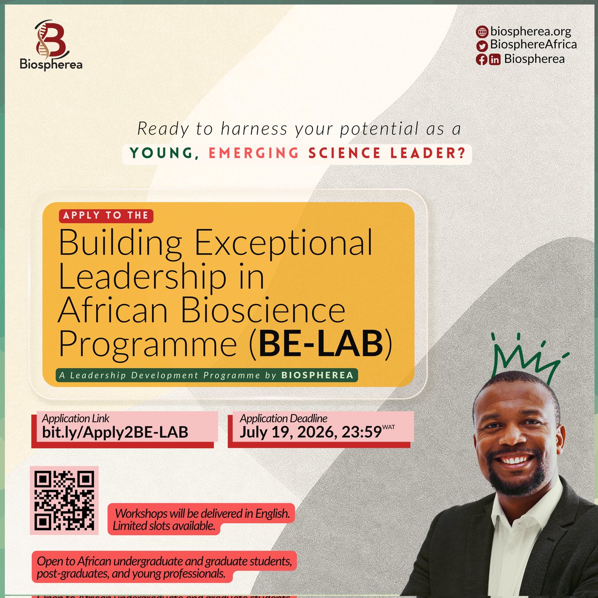 BiosphereAfrica's tweet photo. Application to BE-LAB is officially open!

It might be possible to step into a leadership role overnight. But no one becomes a "good leader" overnight

So, we invite you to learn from leaders with different experiences and a lot of knowledge to pass on.
 https://t.co/mitck0ctjq https://t.co/m87NGtQr8U