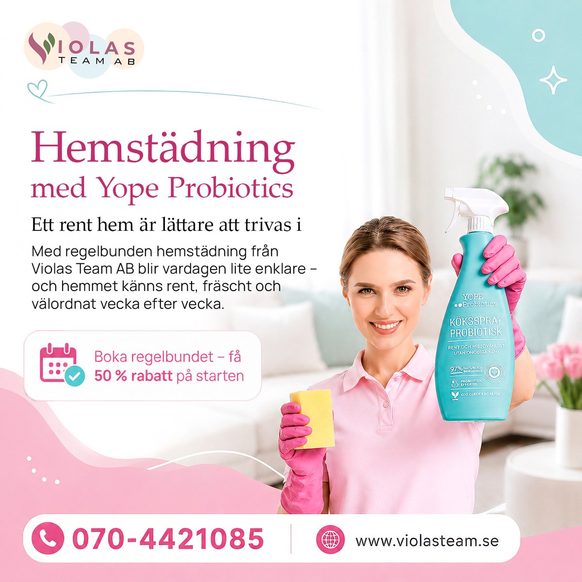 violasteam's tweet photo. Nyhet hos Violas Team! 🌿

Nu finns probiotisk hemstädning med Yope Probiotics – för en fräschare känsla som håller längre.

Boka regelbunden städning i minst 6 månader och få 50 % rabatt på startstädningen.

📞 070-442 1085
🌐 https://t.co/tpz1JQxqUr https://t.co/muNL5RbaRX