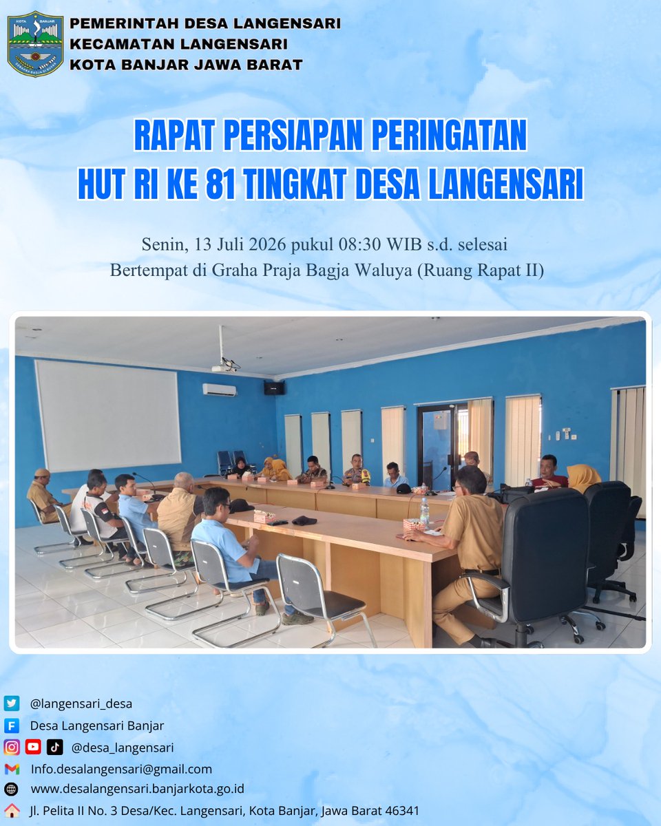 langensari_desa's tweet photo. Kegiatan Rapat Persiapan Peringatan HUT RI ke 81 Tingkat Desa Langensari pada hari senin, 13 Juli 2026 Pukul 8.30 WIB bertempat di Ruang Rapat II https://t.co/Ocmdltu53C