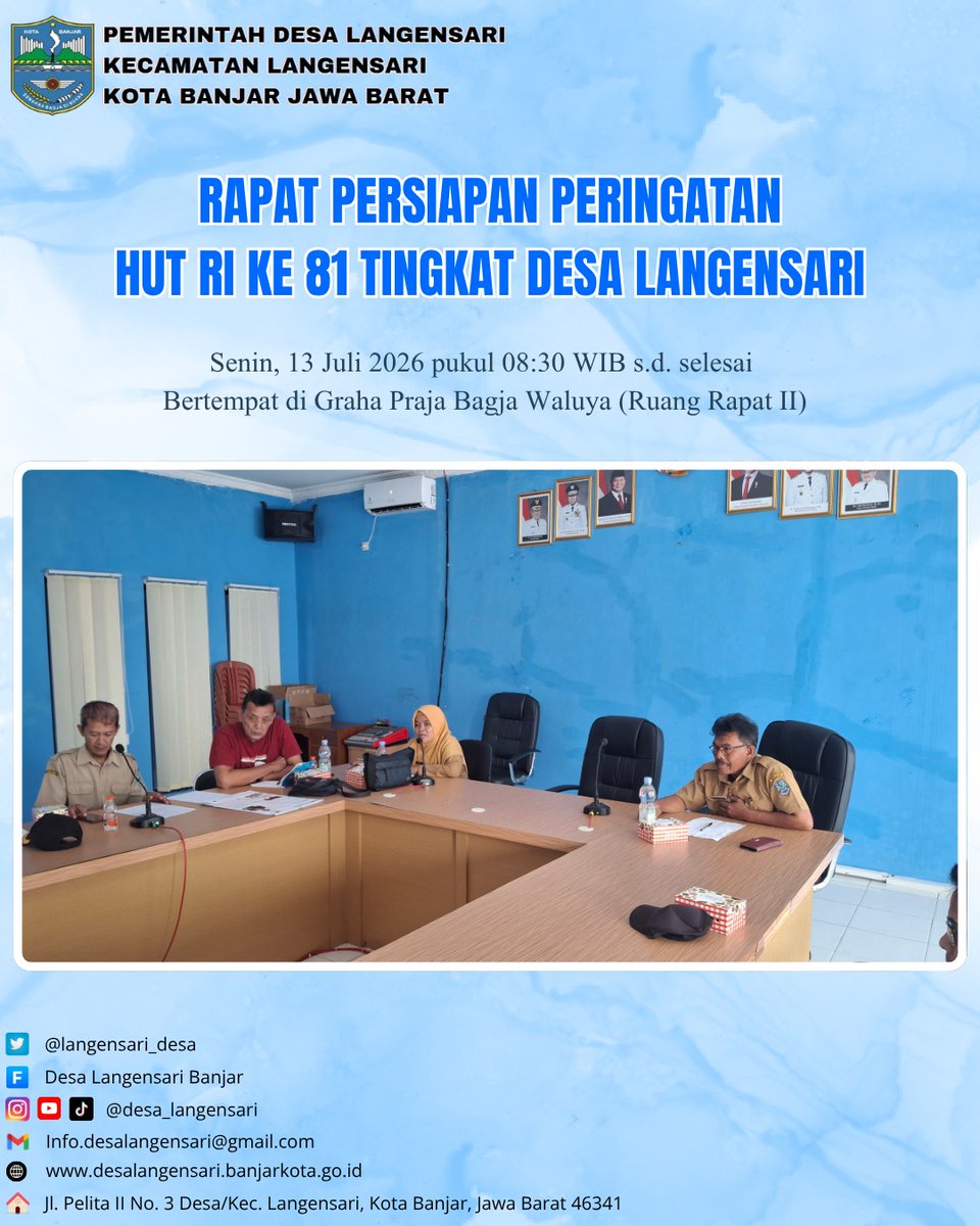 langensari_desa's tweet photo. Kegiatan Rapat Persiapan Peringatan HUT RI ke 81 Tingkat Desa Langensari pada hari senin, 13 Juli 2026 Pukul 8.30 WIB bertempat di Ruang Rapat II https://t.co/Ocmdltu53C