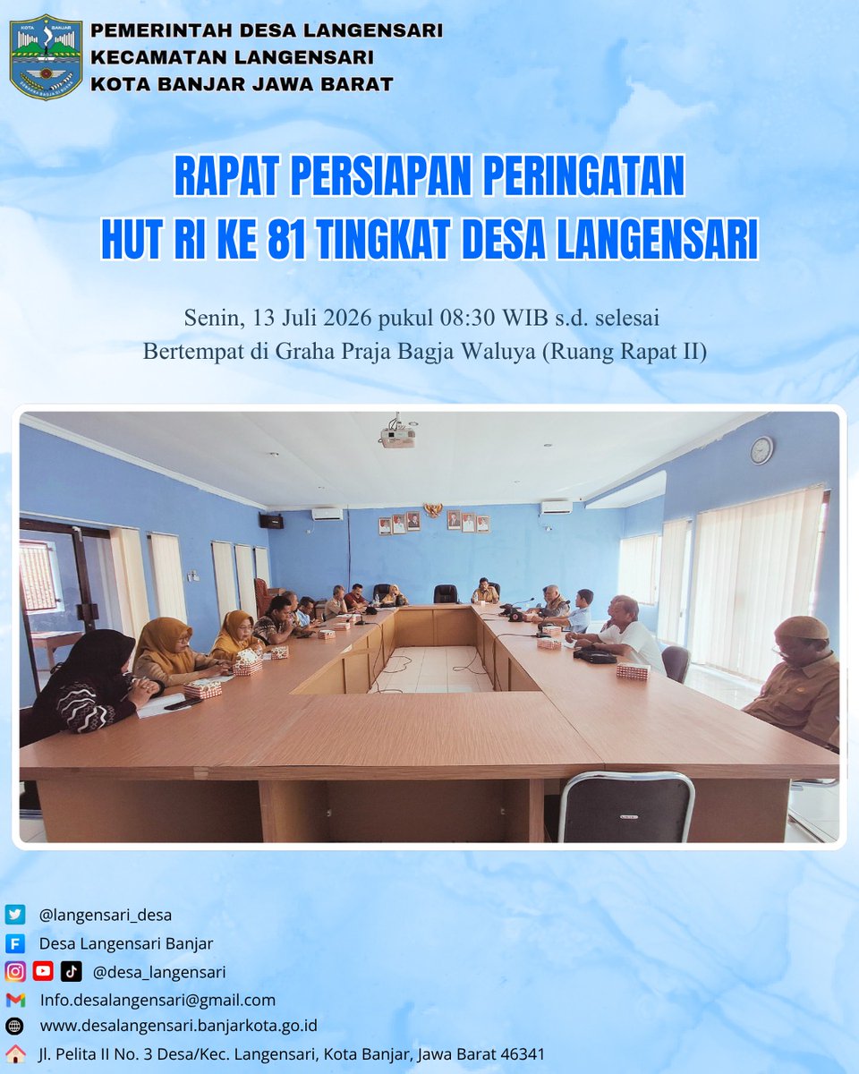 langensari_desa's tweet photo. Kegiatan Rapat Persiapan Peringatan HUT RI ke 81 Tingkat Desa Langensari pada hari senin, 13 Juli 2026 Pukul 8.30 WIB bertempat di Ruang Rapat II https://t.co/Ocmdltu53C
