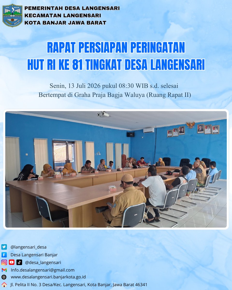 langensari_desa's tweet photo. Kegiatan Rapat Persiapan Peringatan HUT RI ke 81 Tingkat Desa Langensari pada hari senin, 13 Juli 2026 Pukul 8.30 WIB bertempat di Ruang Rapat II https://t.co/Ocmdltu53C