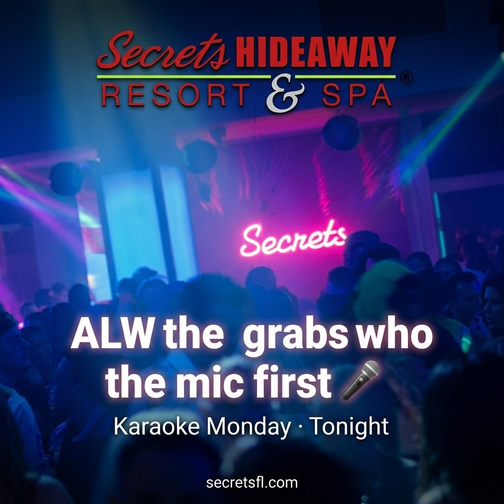 SecretsHideaway's tweet photo. The stage doesn't judge. Neither do we. 🎤
Tag the friend who ALWAYS grabs the mic first — you know exactly who. 👇
Karaoke Monday · Tonight at Secrets.
https://t.co/DBABkmetiE | 844.563.6969
#SecretsHideaway #KaraokeNight #TagAFriend https://t.co/uxbAcA7PzD