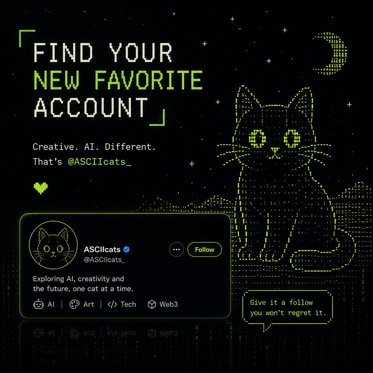 R4tAOD36nSwH5k3's tweet photo. If you enjoy creative content and AI vibes, give @ASCIIcats_ a follow. π±β¨
One of the underrated accounts worth having on your timeline.
#AI #ASCII #asciicats_ https://t.co/Gn2fqWLArQ