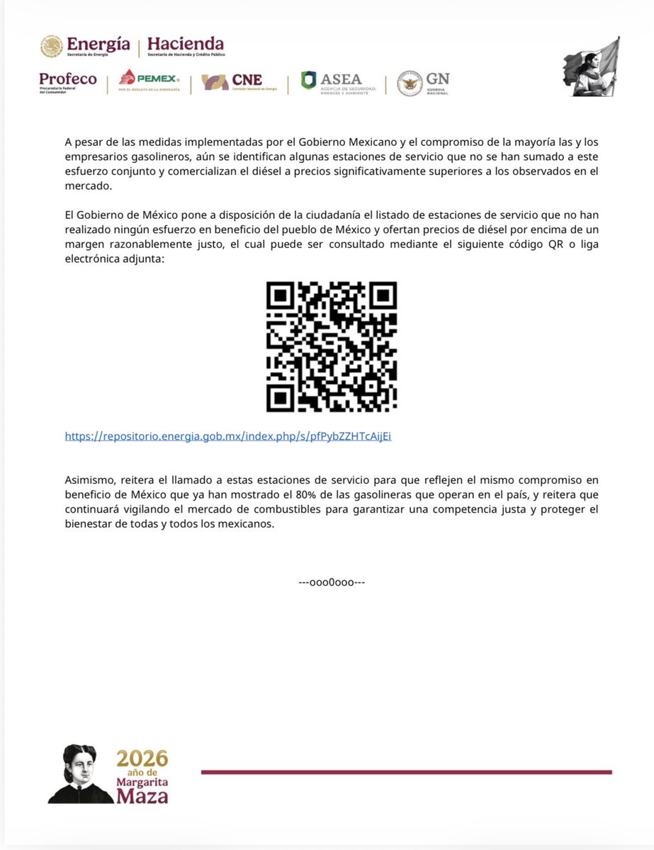 agencia_asea's tweet photo. 📌#Entérate: El Gobierno de México reafirma su compromiso con la economía nacional al mantener una comunicación permanente y coordinada con el sector gasolinero, que ha permitido operar con éxito la Estrategia para estabilizar el precio del Diésel en la República Mexicana, en beneficio de la población.

📰 #Boletín: https://t.co/gLm8Is7hzP