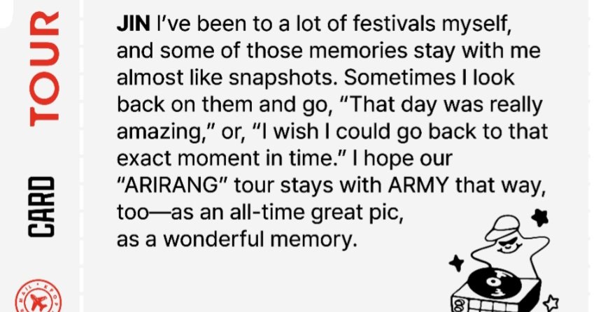 Jiniya1204's tweet photo. Weverse Magazine: Jin's message to ARMY 위버스 매거진 아리랑 투어에 대한 석진이 인사말
🐹I've been to a lot of festivals myself, and some of those memories stay with me almost like snapshots. Sometimes I look back on them and go, "That day was really amazing," or, "I wish I could go back to that exact moment in time." I hope our "ARIRANG" tour stays with ARMY that way, too-as an all-time great pic, as a wonderful memory."

https://t.co/6XI2MUWH7q
#Jin #방탄소년단진