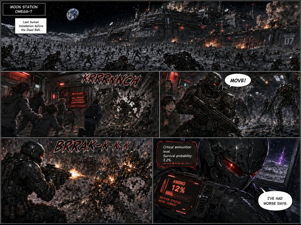 _3L3M3NTAL_'s tweet photo. @Skulltion Omega-7 is falling.
The machines have breached the moon station.
No reinforcements. No escape. 12% ammo left.
GreatSkulltion still stands.
VOIDHEART: OMEGA-7 — Page 1
#Voidheart #Omega7 #GreatSkulltion #SciFiComic #ComicArt #DarkSciFi #WebComic https://t.co/bVQaK6xPX3