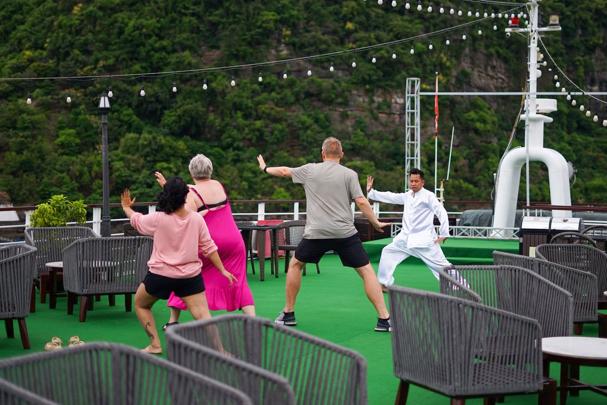 CruisesMon's tweet photo. Start your day the Mon Cheri way. 🌿
As the first light gently touches the emerald waters of Lan Ha Bay, join our complimentary Tai Chi session on the sundeck—a peaceful ritual to awaken your body, calm your mind, and embrace the serenity of nature. https://t.co/kavR7kpqRO