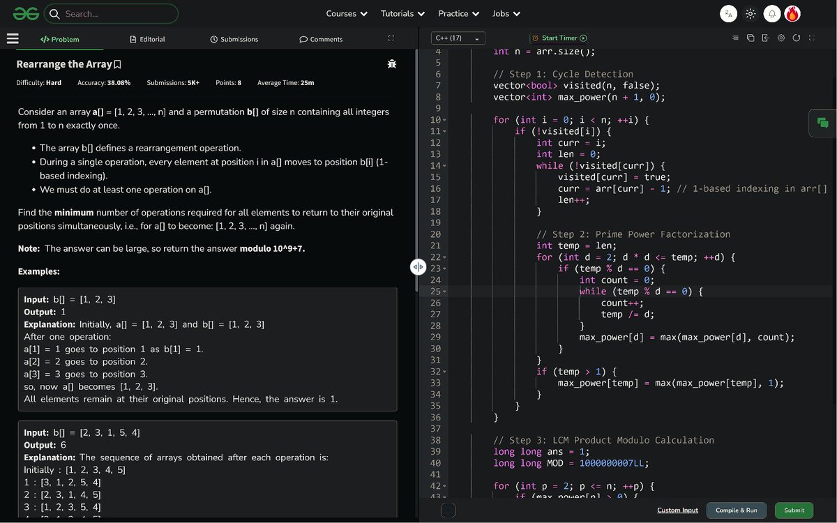 PankajB42550's tweet photo. 🚀 #Day 168/100 (Rearrange the Array @GeeksforGeeks – #Daily)!

Key: Sort → place largest at even indices, smallest at odd indices.

✓ O(n log n) | O(n)
✓ Accepted

#100DaysOfCode #DSA #Sorting #DSA26 #DAY168 https://t.co/c9DbOgi0HI