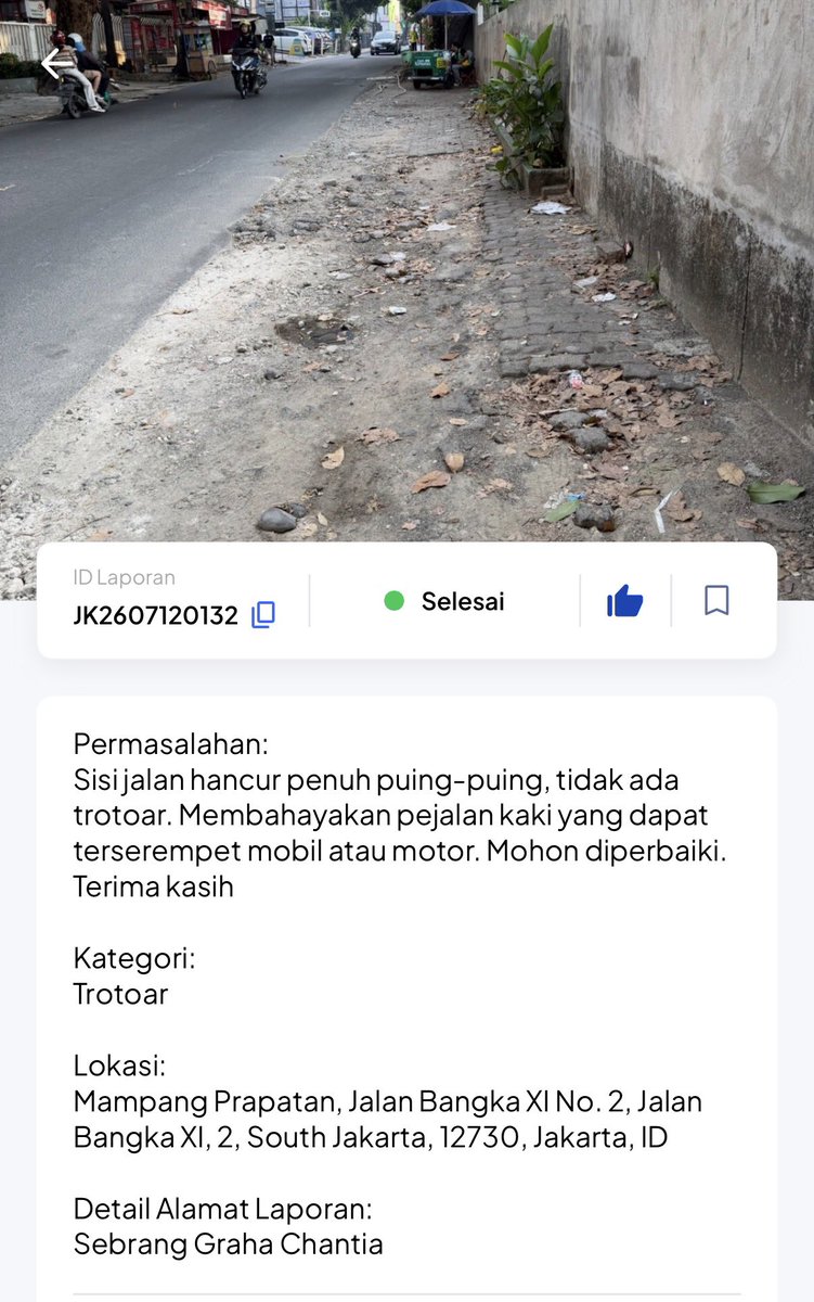VVYND's tweet photo. Ngelaporin trotoar yang ga layak di Jalan Bangka via app JAKI tapi akhirnya disuruh lapor via Musrenbang “karena membutuhkan koordinasi dengan banyak pihak”

Well, do something??? I’ve done my part by identifying and reporting the problem.

@DKIJakarta @prastow https://t.co/XhE2HlrSAD