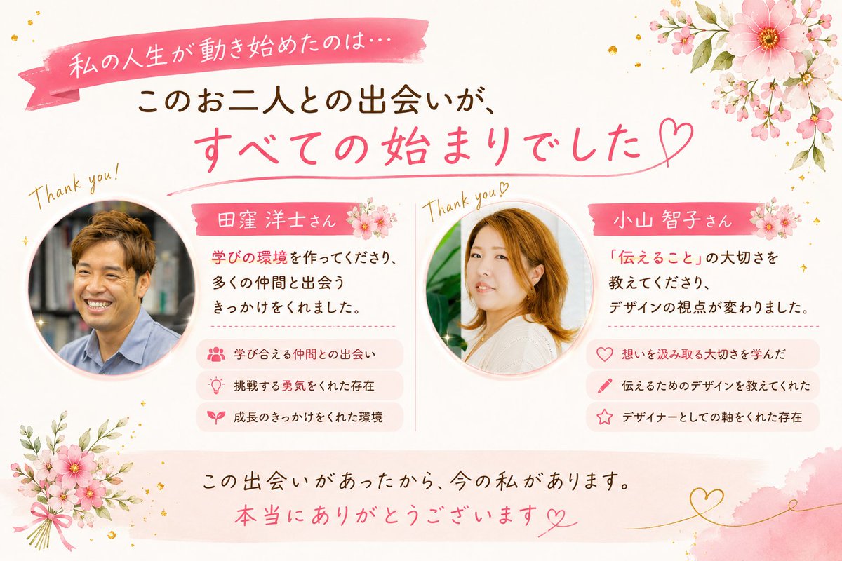 AikaDesign_N5's tweet photo. 🌿✨【ご報告】✨🌿

Xフォロワー300人を達成しました🎉

いつも投稿を見てくださる皆さま👀
いいね・リプ・リポストで応援してくださる皆さま💚
本当にありがとうございます😊✨

300人という数字以上に嬉しいのは、この約1年半でたくさんの素敵な方と出会えたことです🌸

୨୧ ──────── ୨୧

🌱 私の人生が動き始めたのは2024年11月 🌱

@SDB_OIU オープンイノベーション大学のデザイン部3期に参加したことが、すべての始まりでした✨

そこで、@itsyacho 田窪洋士さんが作られた学びの環境の中で、多くの仲間と出会い😊

@koyama_sns 小山智子さんからは、Photoshopやデザインだけでなく、「伝えること」の大切さを教えていただきました✨

この出会いが、22年間続けた介護職を卒業し、Webデザイナーとして第二の人生を歩む決断につながりました🌿

୨୧ ──────── ୨୧

🍀 もちろん、順風満帆ではありませんでした 🍀

Webデザイナーとして歩み始めた頃、橋本病（甲状腺機能低下症）が判明😢思うように動けず、コンサルをお休みさせていただく時期もありました💦

それでも、小山さんをはじめ周りの皆さんの支えがあったから、焦らず前を向くことができました😊

୨୧ ──────── ୨୧

🤝 そして、もう一つの大きな転機 🤝

勇気を出してリアル交流会へ参加したことです✨

最初は「私なんかが参加して大丈夫かな…」そんな不安もありました😅

でも、一歩踏み出したことで、@Fujipyon_Line 藤田圭吾さんをはじめ、多くの方とのご縁が生まれました🌸

あの時、勇気を出して参加して本当に良かったと思っています😊

୨୧ ──────── ୨୧

💡 この1年半で学んだことがあります 💡

人生を変えるのは、スキルだけではありません

🌱 学び続けること
🚶‍♀️ 勇気を出して行動すること
🤝 人とのご縁を大切にすること

この積み重ねが、自分では想像できなかった未来につながっていくことを実感しました✨

もし今、「まだ実績がないから…」「交流会は緊張するから…」「発信しても意味があるのかな…」そんなふうに思っている方がいたら…

まずは、小さな一歩を踏み出してみてください😊

その一歩が、未来の自分を大きく変えてくれるかもしれません🌸

୨୧ ──────── ୨୧

💚 改めて感謝を込めて 💚

@SDB_OIU オープンイノベーション大学

@itsyacho 田窪洋士さん

@koyama_sns 小山智子さん

@Fujipyon_Line 藤田圭吾さん

そして、いつも応援してくださるフォロワーの皆さま✨本当にありがとうございます😊

300人という数字より、「応援したい」と思ってくださる方が300人もいることが、私にとって何よりの宝物です😊

300人はゴールではなく、新たなスタート🌿

これからも脳科学や心理学を学びながら、「伝わるデザイン」で誰かの挑戦を後押しできるWebデザイナーを目指して、一歩ずつ成長していきます💻✨

これからも、よろしくお願いいたします😊🌸

୨୧ ──────── ୨୧

💬 最後に質問です😊

皆さんの人生を変えた『出会い』や『一歩踏み出した経験』はありますか？✨

ぜひリプで教えていただけたら嬉しいです🌿