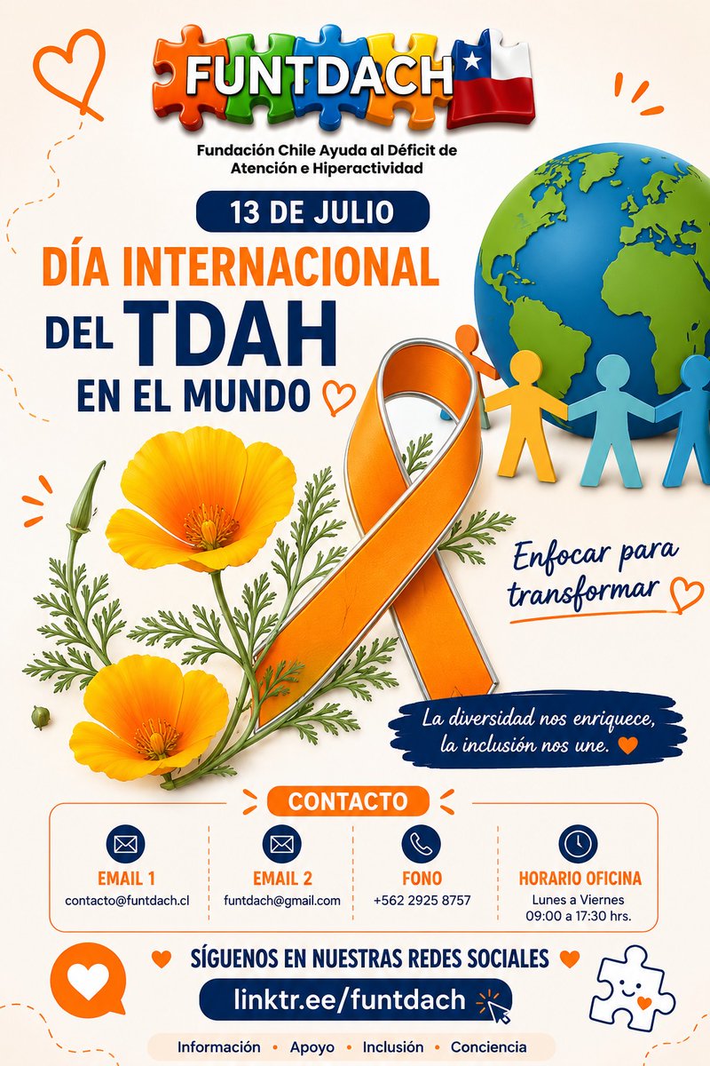 funtdach's tweet photo. 13 de Julio día Internacional del TDAh 
Reciban un fuerte abrazo fraterno de parte de todo el equipo de Fundación FUNTDACH Chile. 🤗🧡

🧡 Enfocar para transformar. 🌼🇨🇱

#TDAH #DíaInternacionalDelTDAH #Neurodivergencia #FUNTDACH https://t.co/ea8y5fwuWV