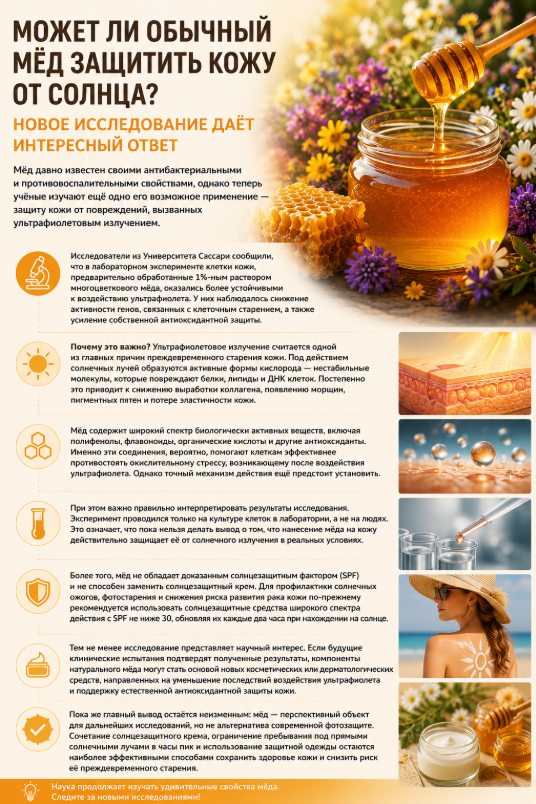 PulseWire_live's tweet photo. Can regular honey protect skin from the sun? Scientists have found an unexpected connection.

Researchers from the University of Sassari found that skin cells treated with a 1% solution of multifloral honey better tolerated UV exposure in laboratory conditions. Their activity of genes associated with aging was reduced, and their natural antioxidant defenses were enhanced.

But there's an important caveat👇

❌ This doesn't mean honey can be used as a substitute for sunscreen. The study was conducted only on cells, not on humans. The effectiveness of this approach in real-life settings hasn't yet been proven.

Nevertheless, the results look promising. If future clinical studies confirm the effect, components of natural honey could form the basis of new products to protect skin from photoaging.

🧴 For now, the best protection remains the same: sunscreen with SPF 30+, limiting sun exposure during peak hours, and wearing protective clothing.

Would you try cosmetics with honey extract if clinical studies confirmed its effectiveness? 👇
#Health #Science #Skincare #Honey #Dermatology #AntiAging #SkinCareTips #SPF