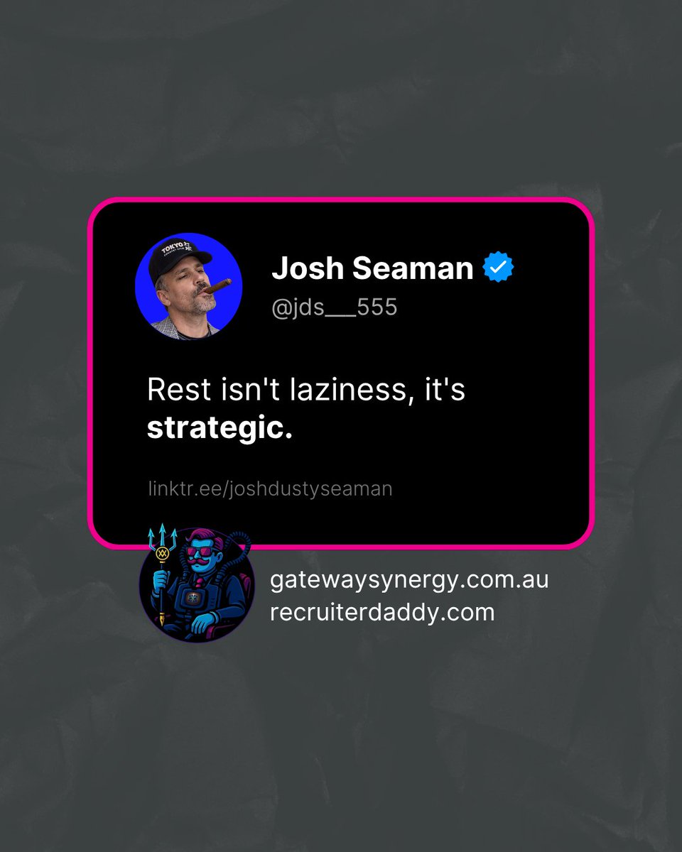 Joshdustyseaman's tweet photo. The best performers know when to push. The smartest performers know when to stop.
Rest isn't falling behind.
Quitting is.
#HighPerformance #MentalToughness #WorkSmart #AussieMindset #LongGame https://t.co/AWIQPB0IfE