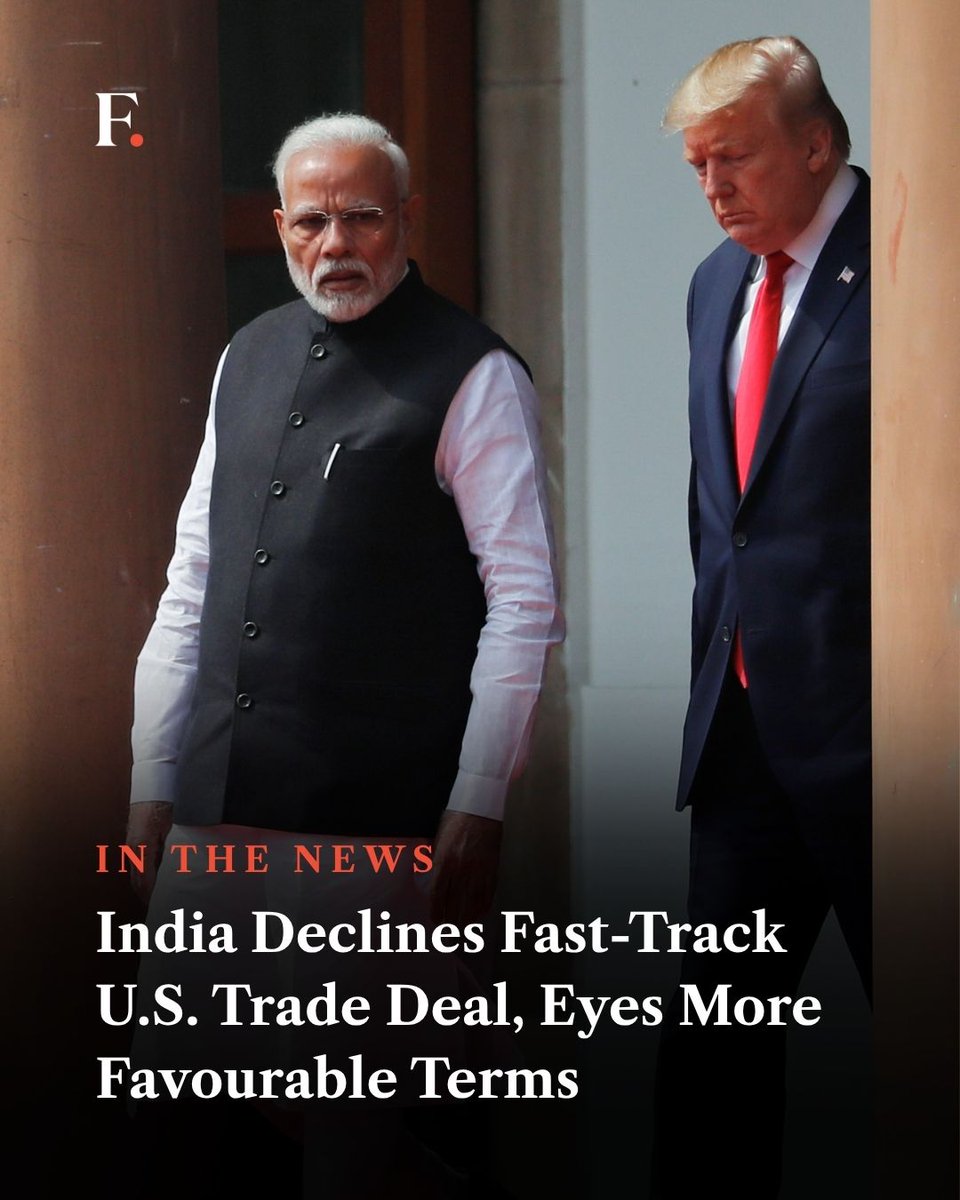 firstpost's tweet photo. India has declined to fast-track a trade deal with the U.S., opting to hold out for more favourable terms instead. https://t.co/Z2PnQIyAYX