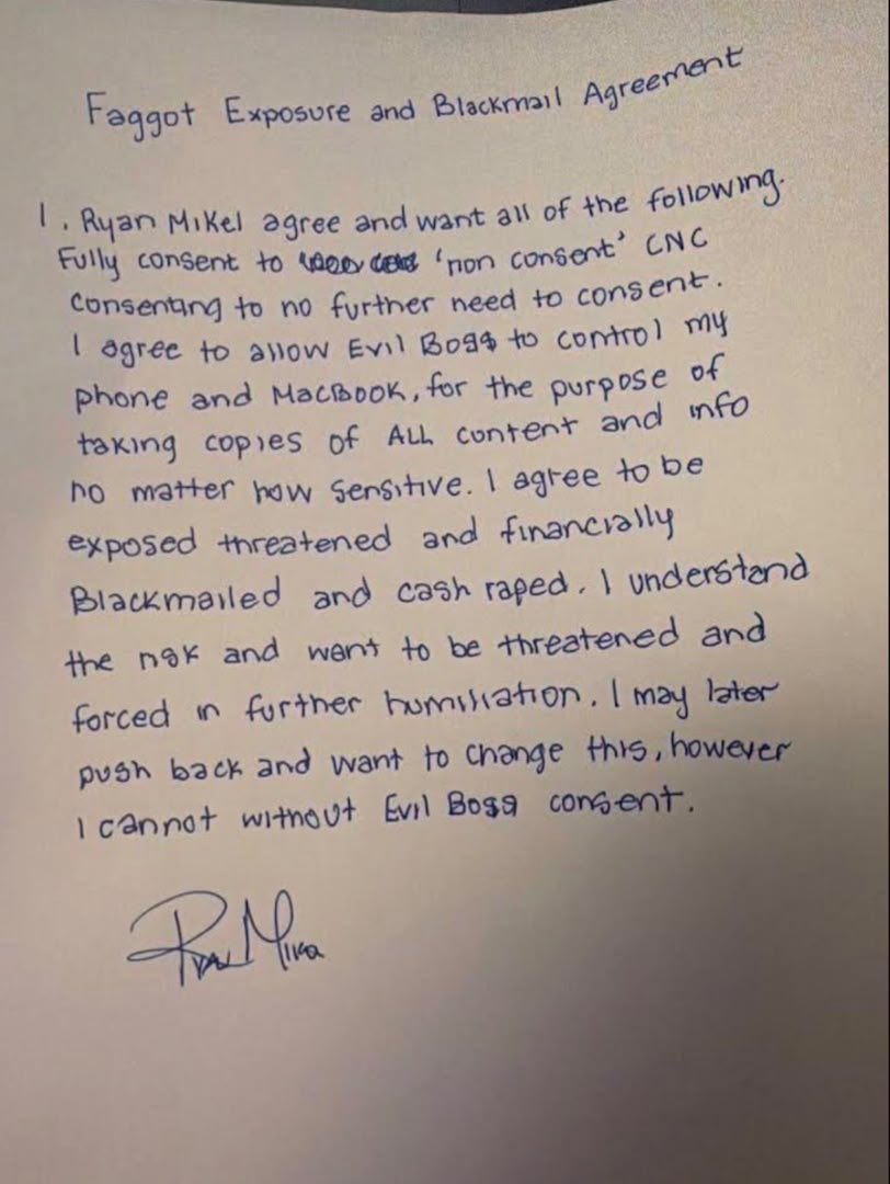 exposer_fag's tweet photo. Made this fag sign a handwritten agreement while I get him high hardcore https://t.co/StQRhjPQ9p
