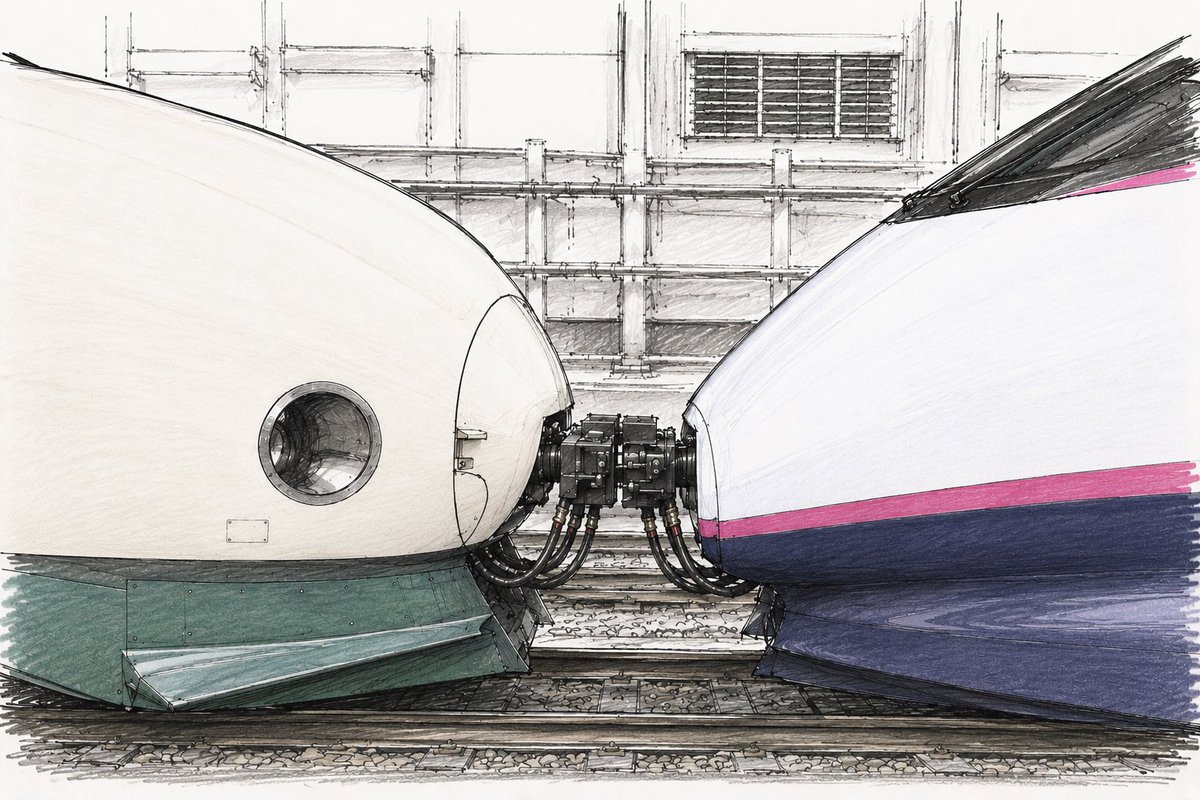 TsubasaSatomi's tweet photo. フォルムが全く違う相手と連結している電車って、なんかかわいいと思わん？😊
(200系やまびこ×E3系こまち？) https://t.co/ly4AWrQTpa