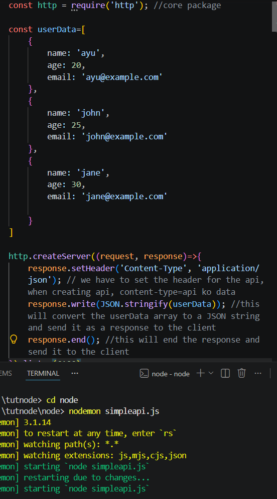 aayusha1317's tweet photo. #LSPPDay40 learnt about making simple api, setting data for api, checking responses in the local host, stringifying the userdata, accessible &amp; non-accessible requests in api,  status code, and inspecting the task.
#LearningWithLeapfrog #60DaysOfLearning2026 @lftechnology #nodejs https://t.co/nsufpRUogo