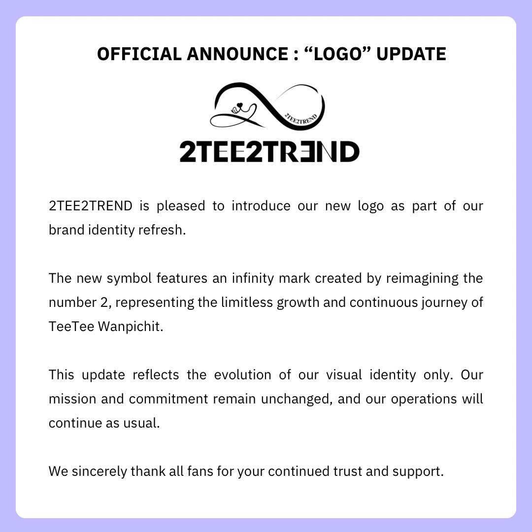 2TEE2TREND's tweet photo. ประกาศสำคัญจากบ้าน 2TEE2REND 

ขอขอบคุณแฟนคลับทุกคนที่ให้การสนับสนุน และ เป็นกำลังใจให้กันเสมอมา พวกเรามาร่วมเดินสู่เส้นทางที่ไม่มีสิ้นสุดไปด้วยกันนะคะ 🤍

#twnpich @twnpich https://t.co/gzeyamiTrL