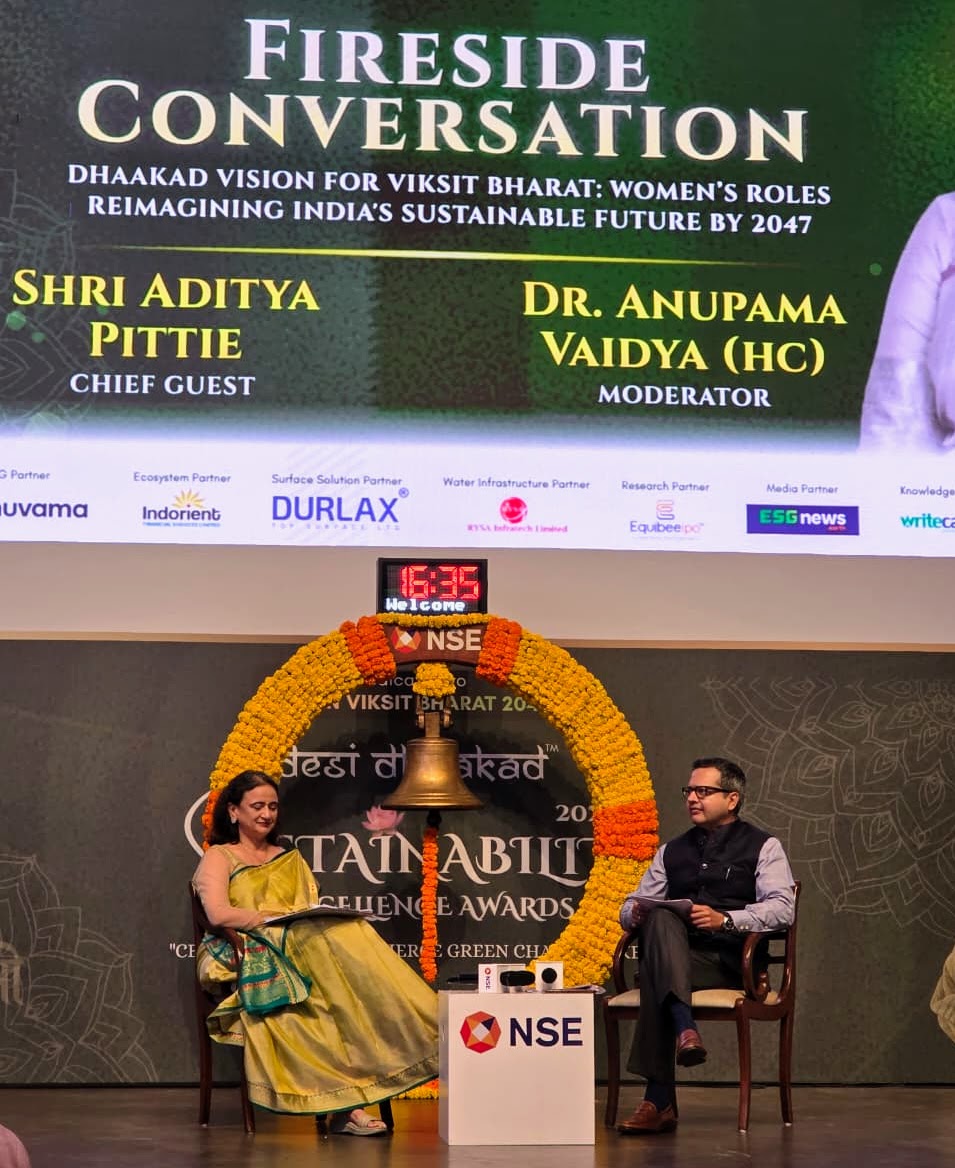PittieAditya's tweet photo. It was a privilege and a pleasure to speak at the Desi Dhaakad Sustainability Excellence Awards 2026 at the NSE Atrium, BKC, Mumbai, as the Guest of Honour.
The theme of the conversation was powerful and deeply relevant to India’s development journey:
“Dhaakad Vision for Viksit Bharat: Women’s Roles in Reimagining India’s Sustainable Future by 2047.”

For me, the discussion sat at the intersection of three national priorities:
Women-led development.
Sustainable growth.
Viksit Bharat@2047.

A sustainable and developed India will not merely be built for women. It will be built by women.
Across Bharat, women are already leading the last mile of water conservation, clean energy, circularity, sustainable livelihoods, climate resilience and community transformation.
The next step is to connect their leadership with capital, markets and scale.
Women are not merely beneficiaries of Viksit Bharat. They are its builders.
Grateful to have joined this powerful platform celebrating India’s women changemakers shaping the future from the grassroots.
Congratulations to the Desi Dhaakad team for building a platform that recognises and amplifies the work of women who deserve national visibility.
@PMOIndia @moefcc @MinistryWCD  @NSEIndia  @ashishchauhan @etheradvisory @Nuvama_Wealth 
#DesiDhaakad #ViksitBharat #ViksitBharat2047 #WomenLedDevelopment #Sustainability #NariShakti #ClimateAction #ESG #SocialImpact #NationBuilding #India2047 #MSME #Entrepreneurship