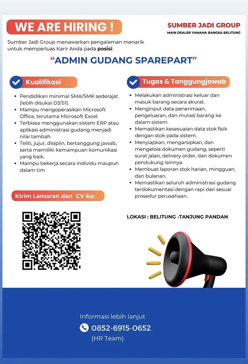 disnaker_babel's tweet photo. info Loker SUMBER JADI YAMAHA GROUP-Bangka Belitung

Posisi :
1Admin Gudang SparePart penempatan Belitung
2Mekanik Motor penempatan Sungailiat  &amp; Wilayah TanjungPandan-Belitung
Pendaftaran di Link https://t.co/pjD5OFO6C7

https://t.co/nY6M1NPeOS

#disnakerbabel https://t.co/gvSHW5gn5D