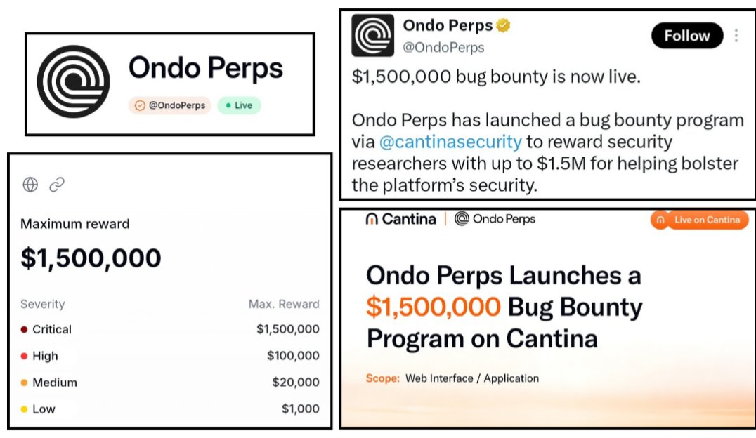 Zorvh87's tweet photo. they pay up to $1,500,000 just for finding one serious bug.

critical bug → u can get $1,500,000 
high bug → $100,000  
medium bug → $20,000  
low bug → $1,000

ondo perps is a crypto perpetual futures trading platform is offering usdc rewards for finding security bugs.

currently live, so if you are good at finding security issues, this is one of the biggest payout opportunities for you.

It's a bug bounty program on 
Cantina.(xyz).