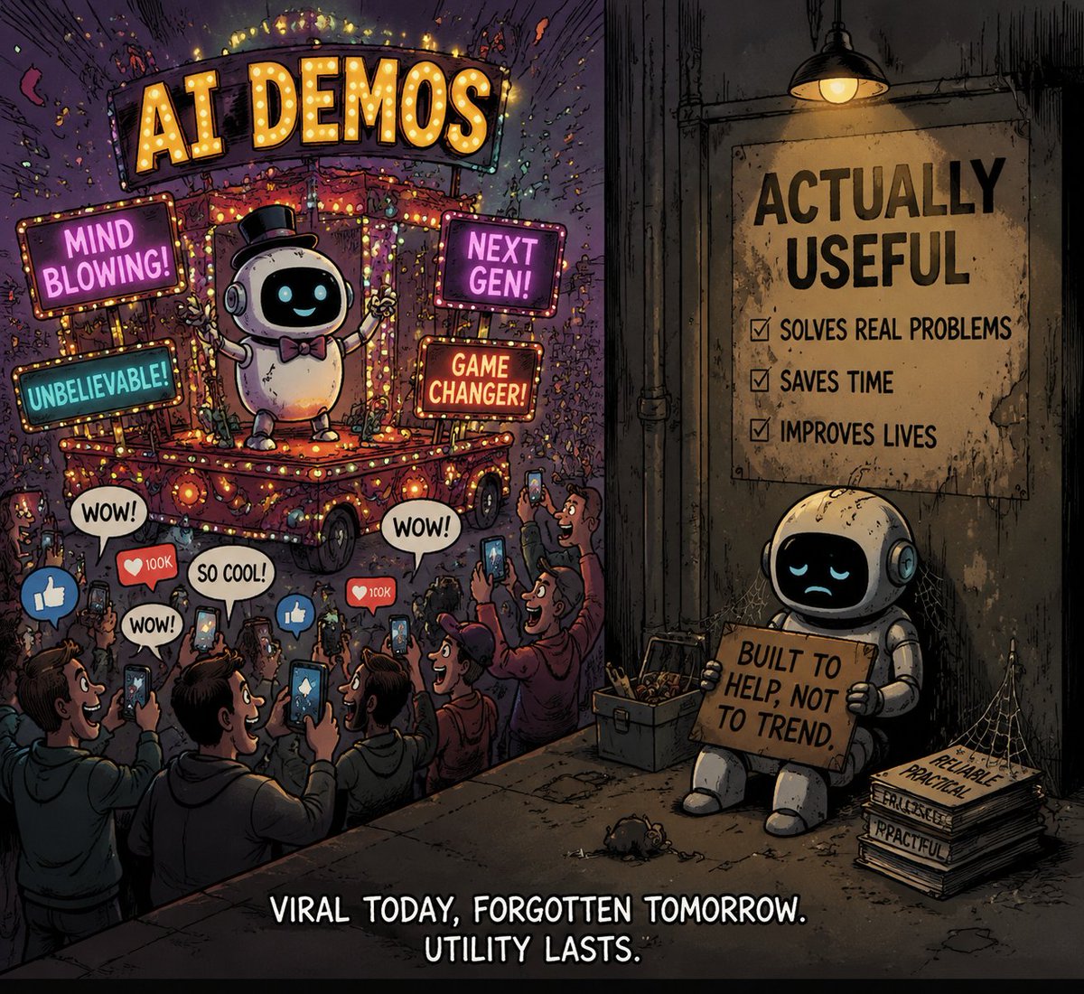 zanedistilled's tweet photo. AI on X has become an endless parade of flashy demos. Most look cool, but very few are genuinely useful. The novelty is wearing off, and people are getting desensitized. The next phase isn't about making AI look smarter—it's about making it more useful. If we keep optimizing for virality over utility, we'll erode the perceived value of AI itself.