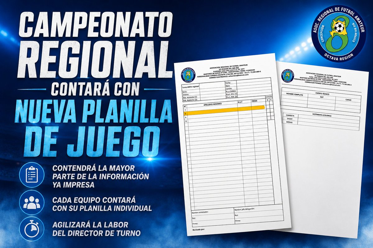 anfaregional's tweet photo. En Campeonato Regional de Selecciones 2026 debutará nueva planilla de juego de Anfa Región Bío Bío, y contendrá gran parte de la información ya impresa:
https://t.co/4myksrl1Fa https://t.co/mG9RF0U6CR