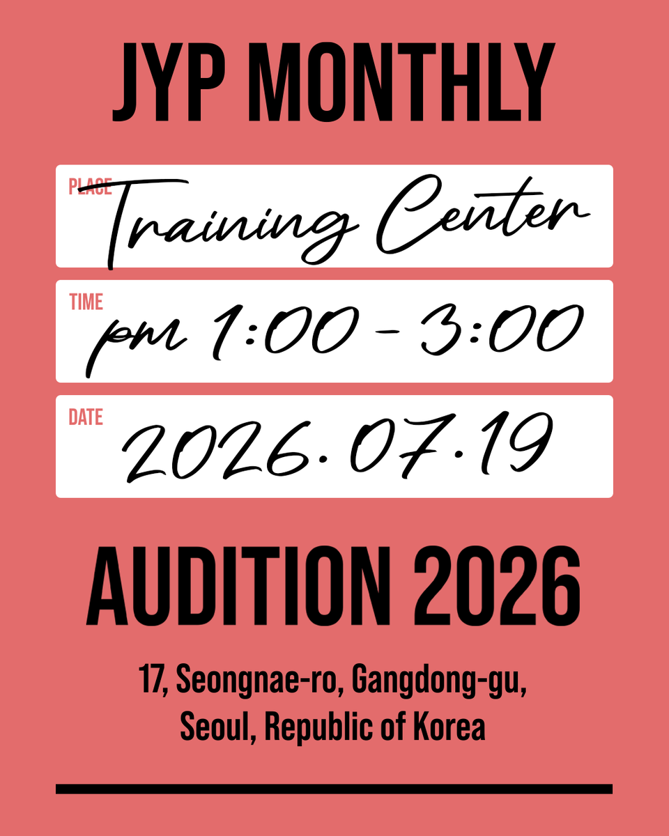 JYPAUDITION's tweet photo. <July, 2026 Third Monthly Audition Schedule>

The schedule for the Third JYP Monthly Audition in July, 2026 is now available on JYP AUDITION official Instagram.
Please refer to our Instagram for detailed information!

JYP AUDITION official IG : @jyp_audition_official https://t.co/raMxTsjJdR