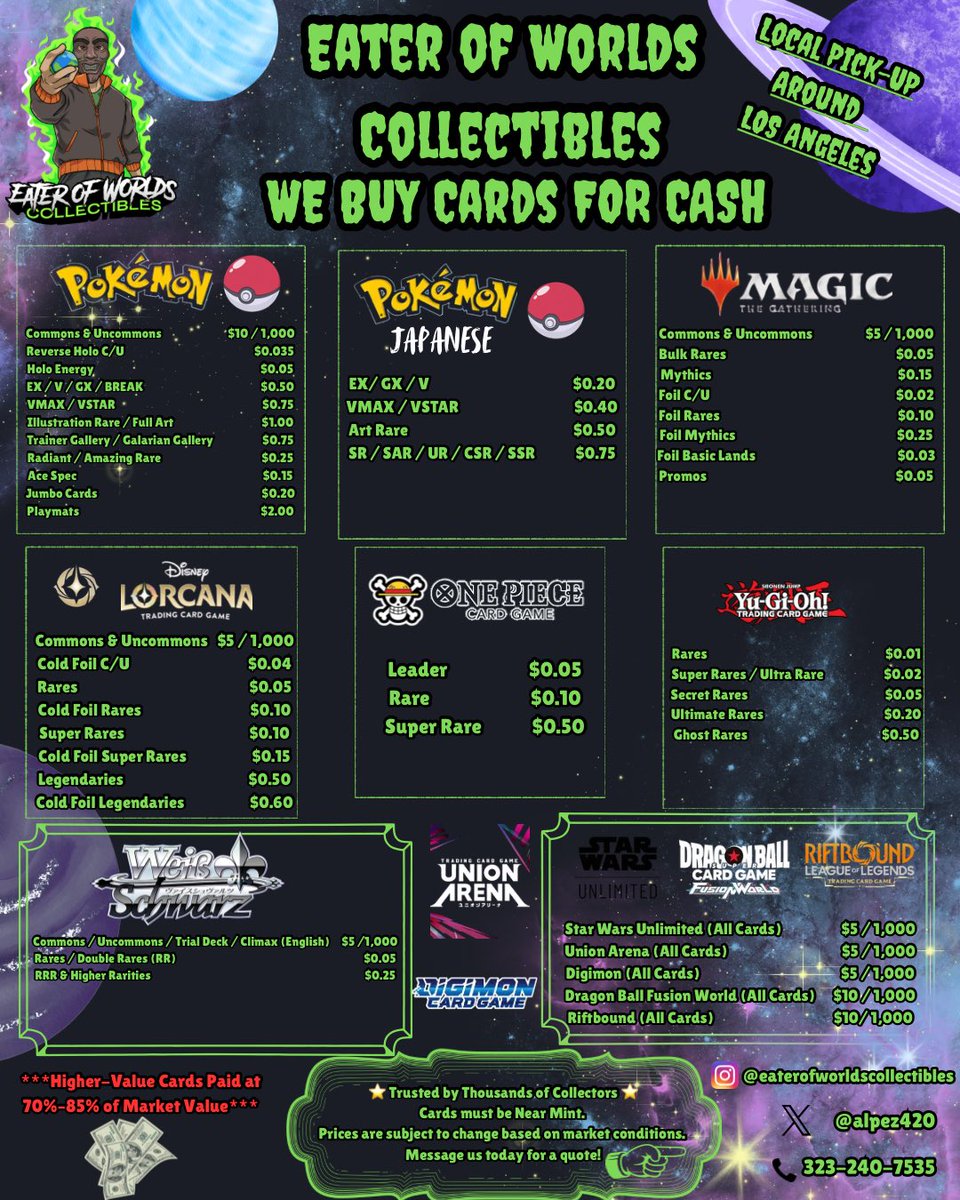 ALpez420's tweet photo. 🚨 🚨 

We are scheduling bulk pickups!!

We take all types of TCG NOT JUST Pokemon! 

If you’ve messed around with other games we’ll take it all!!

Scheduling pickups for this week around Los Angeles and SGV! 

Repost appreciated 
@BUYSELLTRADETCG @LA_PTCGRestock @PokeRestockSGV https://t.co/Z0zcxlKRjm