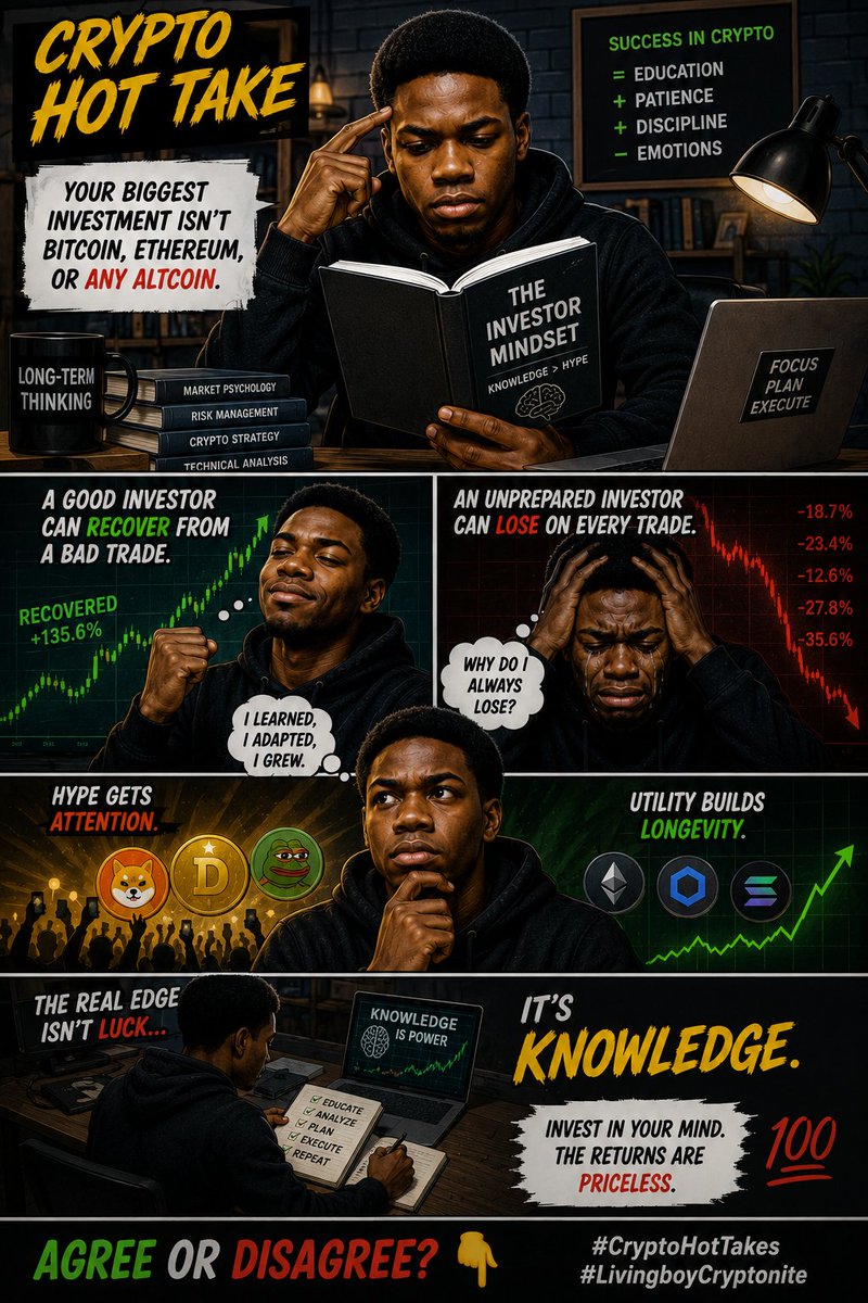 LIVINGBOYCRYPTO's tweet photo. 🚨 Crypto Hot Take:
Your biggest investment isn't Bitcoin...
Ethereum...
or any altcoin.
It's your knowledge.
A good investor can recover from a bad trade.
An unprepared investor can lose on every trade.
Agree or disagree? 👇🔥
#CryptoHotTakes #LivingboyCryptonite https://t.co/AJhmNbq2hk