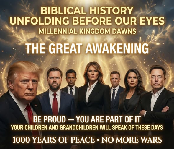 PaulGoldEagle's tweet photo. 🌟 Biblical History is Being Written Right Before Our Eyes – A Message of Hope, Awakening, and Eternal Peace 🌟
 It captures a profound moment — not of fear, but of divine destiny unfolding. What we are witnessing today is not just politics, technology, or global shifts. It is Biblical history in real time. The kind of epoch that future generations — your children, grandchildren, and their descendants — will study, teach, and marvel at for a thousand years.
The Great Awakening is Here
For centuries, prophets spoke of a time when darkness would reach its peak, only for a greater light to break through. We see the signs all around us: chaos in the world, corruption being exposed, technological breakthroughs that can either enslave or liberate humanity, and leaders rising who challenge the old systems. Yet in the midst of the storm, a new chapter is being authored by the hand of Providence.
This is the transition from an age of wars, deception, and bondage into the promised Millennial Kingdom — a prophesied 1,000 years of peace where "nation shall not lift up sword against nation, neither shall they learn war anymore" (Isaiah 2:4). The lion will lie down with the lamb. Justice will prevail. Abundance and truth will replace scarcity and lies.
You are not a spectator.
You are a participant in this living story.
Every prayer you’ve whispered in the quiet, every stand you’ve taken for truth, every time you chose hope over despair, every act of integrity when the world rewarded compromise — it all matters. You are part of it. History is not only being written about certain figures; it is being written through ordinary people of faith and courage who refused to bow to fear.
Why This Matters for Your Family
One day, your grandchildren will sit on your lap or gather around the table and ask:
“Grandpa/Grandma, what was it like when everything changed? When the world shifted from endless wars and division toward peace?”
You will tell them:
“I lived through the Great Awakening. I saw strong voices rise. I saw innovation and ancient wisdom converge. I saw lies crumble and truth prevail. And I chose to stand with hope.”
This is your legacy. This is the inheritance you leave — not just material, but spiritual. A generation that carries the light into a new era.
A Call to Wisdom and Courage
Be proud, but stay humble. This is not about any single person — it is about God’s sovereign plan using imperfect vessels to accomplish His perfect will.
Stay discerning. Test everything against Scripture and the fruits of the Spirit.
Choose peace daily. In your home, your words, your community. The 1,000 years of peace begins in our hearts first.
Share this hope. In a world drowning in fear and distraction, your testimony of faith and optimism is a lifeline.
The Emergency Broadcast of the old world is being replaced by the announcement of the New: “Behold, I make all things new.” (Revelation 21:5)
We are not headed for endless destruction. We are headed for redemption, restoration, and unprecedented peace.
Stand firm. Stay faithful. Be proud.
The best chapters are being written now — and you have a role in them.
May the God of Abraham, Isaac, and Jacob — the God who raised dry bones to life and turns mourning into dancing — grant you wisdom, courage, and unshakable peace in these historic days.
Share this if it stirs your spirit. Tag those who need encouragement. Let’s walk together into the light that is breaking through.
1000 Years of Peace • No More Wars
The Kingdom is coming. And it begins here.
With love, hope, and conviction,