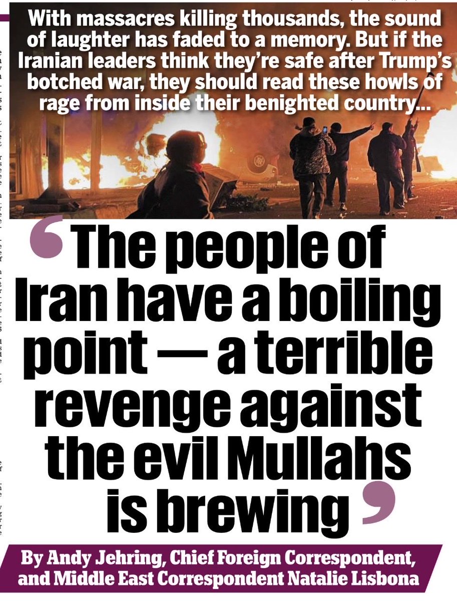 NatalieLisbona's tweet photo. “ Terrible revenge against the Mullahs is brewing”
Read this exclusive from the people inside Iran in today’s Daily Mail: LINK: https://t.co/iS0tYyGnKL 

@AndyJehring https://t.co/qHLoDIraCC