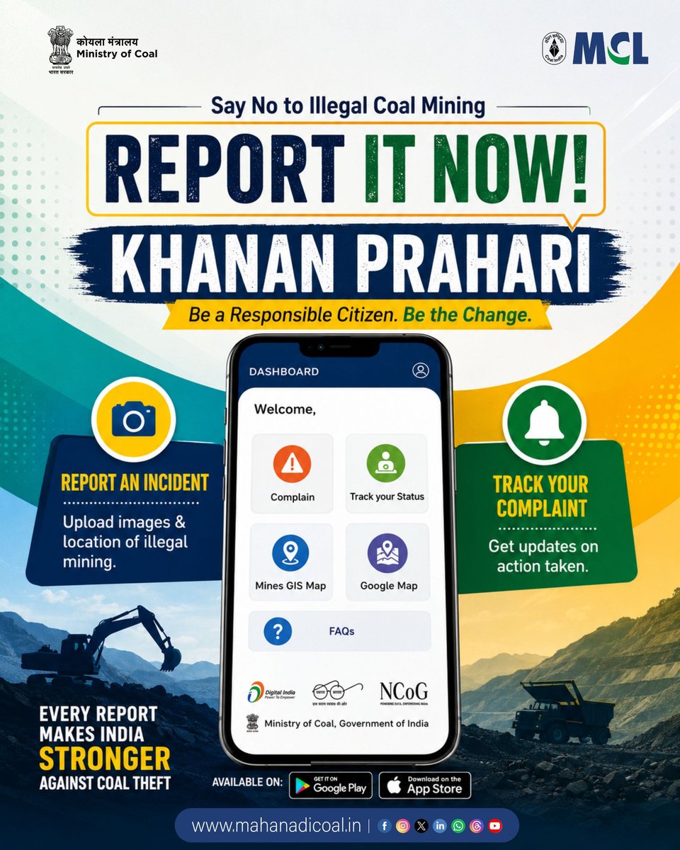 mahanadicoal's tweet photo. Say NO to illegal coal mining!
Be the change - report it, track it, and make a difference with Khaanan Prahari. Every action counts toward a stronger, safer India.
#KhaananPrahari #SayNoToIllegalMining #ReportItNow #ResponsibleCitizen #BeTheChange
@CoalMinistry @CoalIndiaHQ https://t.co/R3Rmu7pz6W