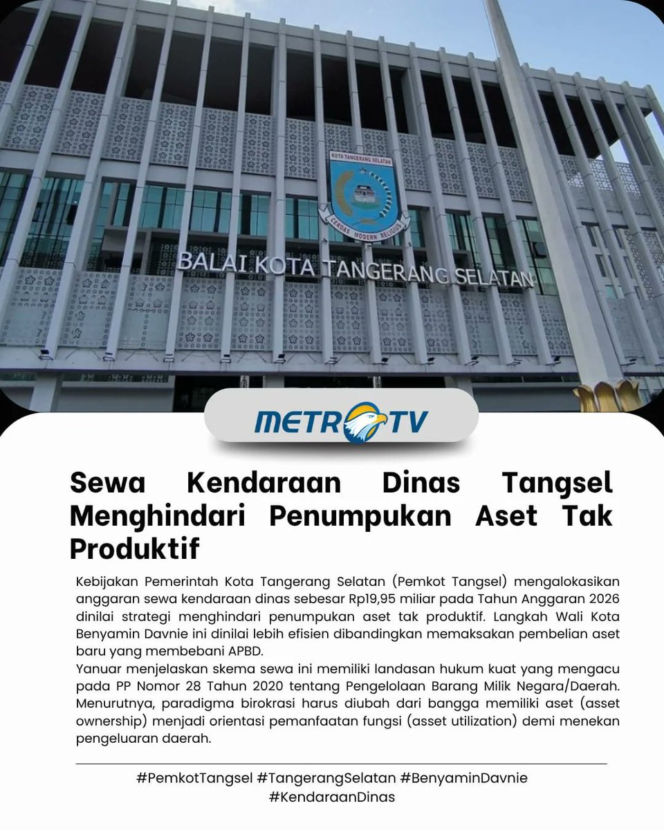 Stareduzts's tweet photo. Pemkot Tangsel memilih skema sewa kendaraan dinas karena dinilai lebih efisien untuk menghindari aset tak produktif. Beban penyusutan dan perawatan dialihkan ke pihak ketiga, dengan pengawasan tetap diperlukan.

#pemkottangsel #tangerangselatan #benyamindavnie #kendaraandinas https://t.co/nZFXpFbeOq