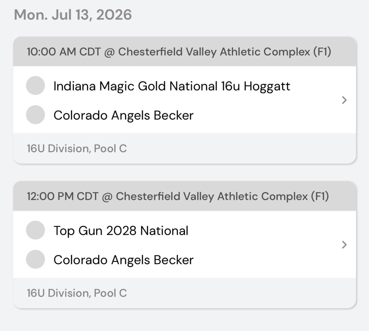 COAngels_28_29's tweet photo. We would love to have you check out our Colorado Angels 16U team play at 10 and 12 tomorrow 7/13/26 at the Chesterfield Valley Athletic Complex (F1). Let’s go Angels! https://t.co/iQ8jkgywcg