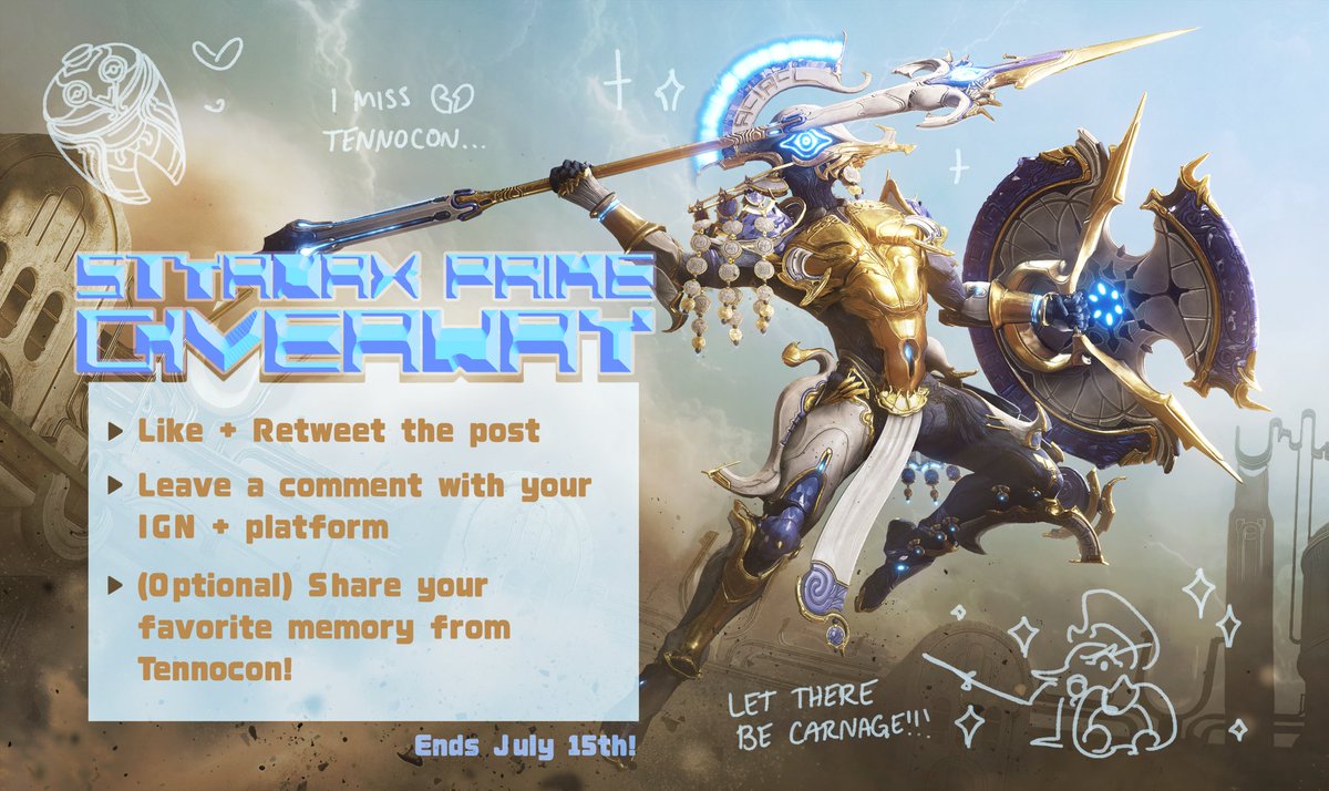 EleanorGrootch's tweet photo. If you’re also sad that Tennocon is over FEAR NOT! Let’s extend it as much as we can with a final Styanax Prime Giveaway!

To enter:
💠 Like + Retweet the post
💠 Comment your IGN + platform
💠 (optional) Share your favorite memory of Tennocon with us!

Giveaway ends 07/15 12 EST https://t.co/GCGakFkWd1
