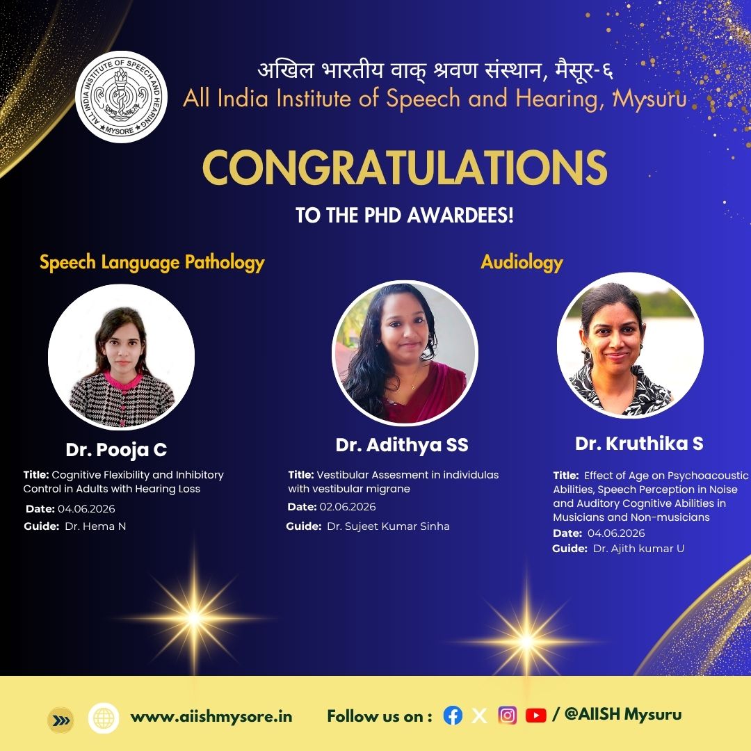 aiishmysuru's tweet photo. Congratulations to our PhD scholars on this remarkable achievement! 🎓 Your dedication, innovation, and research excellence are shaping the future of Speech-Language Pathology and Audiology. Wishing you continued success in your academic and professional journey. https://t.co/RDb0OPSLbi
