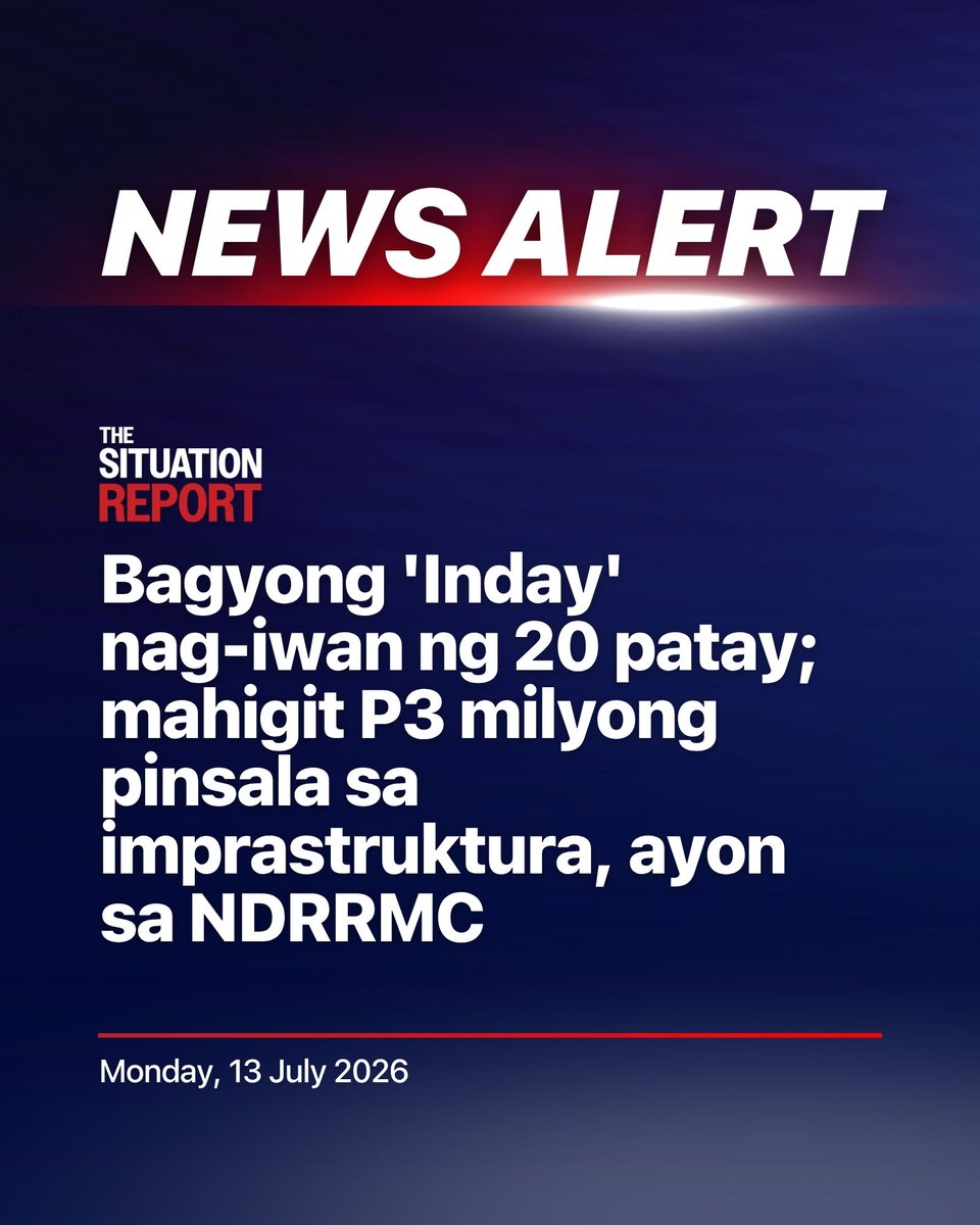 TheSitRepPH's tweet photo. NEWS ALERT: Nag-iwan ng 20 patay, siyam na sugatan, at 16 katao na nawawala ang bagyong #IndayPH, batay sa datos ng National Disaster Risk Reduction Management Council (NDRRMC).
Ayon kay NDRRMC Information Officer Diego Mariano, saklaw nito ang mga sumusunod as of July 13:
Dead – 20
• Iloilo - 1
o Tubungan
• Bukidnon - 2
o Malaybalay
o Quezon
• Davao Occidental - 1
o Jose Abad Santos
• Sarangani – 10
o Malapatan
• Lanao Del Sur – 6
o Calanogas
Injured – 9
• Benguet – 2
o Baguio
• Marinduque – 1
o Torijos
• Davao Occidental – 1
o Jose Abad Santos
• Sarangani – 1
o Malapatan
• Lanao Del Sur - 4
o Calanogas
o Maguindanao Del Norte
• Missing – 16
• Davao Occidental - 8
o Jose Abad Santos
• Sarangani – 2
o Glan
• Lanao Del Sur – 5
o Calanogas
• Maguindanao Del Sur – 1
o Talayan
Samantala, umabot naman sa P3.18 milyon ang halaga ng pinsala sa imprastruktura kung saan 277 kabahayan ang nawasak habang 613 ang partially damaged.
Sa datos ng NDRRMC, kabuuang P43.38 milyon naman ang kabuuang tulong na naibigay sa mga apektadong pamilya.
#TheSituationReport