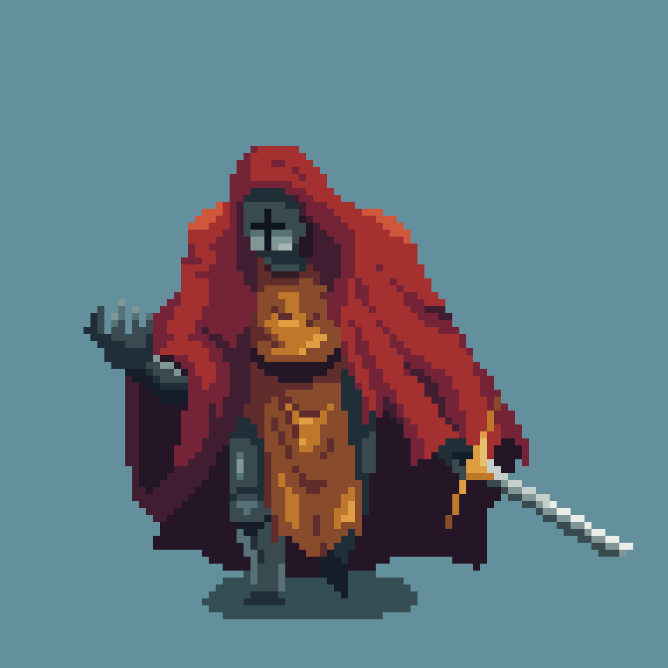 pmopus's tweet photo. hooded knight based on material by @PanelPerDay #pixelart https://t.co/Lf3I9qmmgJ