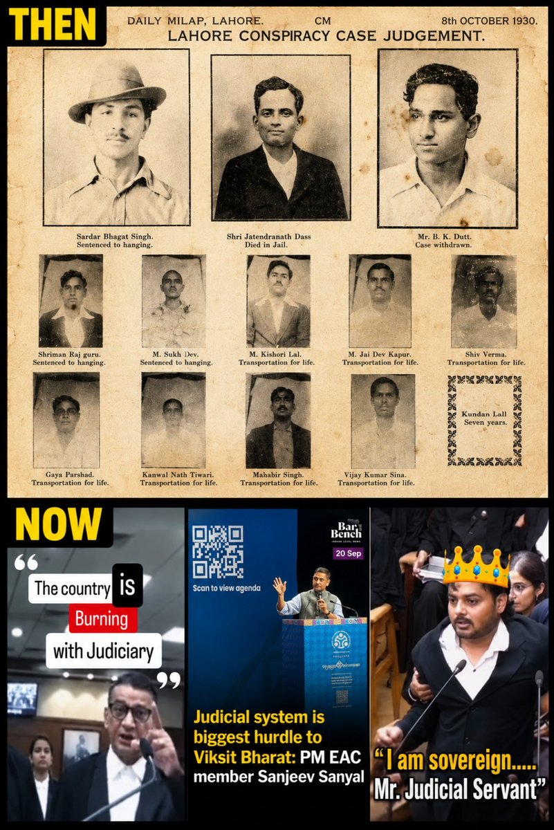 TrumpSaveBharat's tweet photo. THEN: Brave men faced prison and the gallows while fighting colonial rule.

NOW: Many citizens say justice is delayed, accountability is weak, demands gender neutral laws and public trust is under strain.

A strong democracy requires institutions that inspire confidence, transparency, and accountability.

#WeThePeople #RuleOfLaw #JudicialReforms #India