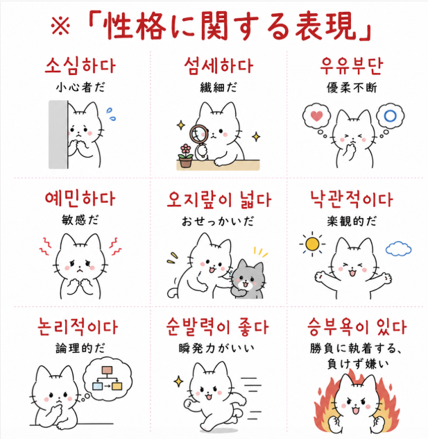 Mirinae_Jp's tweet photo. ※「性格に関する表現」
소심하다 小心者だ
섬세하다 繊細だ
우유부단 優柔不断
예민하다 敏感だ
오지랖이 넓다 おせっかいだ
낙관적이다 楽観的だ
논리적이다 論理的だ
순발력이 좋다 瞬発力がいい
승부욕이 있다 勝負に執着する、負けず嫌い #mi_card https://t.co/elgEchEZ4e