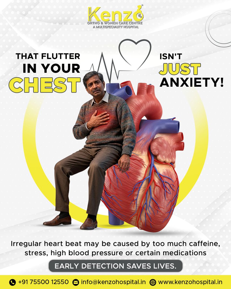 KenzoHospital's tweet photo. That flutter in your chest isn't just anxiety!

Irregular heartbeat could be a sign of something more — it may be caused by too much caffeine, stress, high blood pressure, or certain medications.

Don't brush it off as "just stress."

⚠️ Listen to your heart. Literally. https://t.co/cauXv5CjJ8