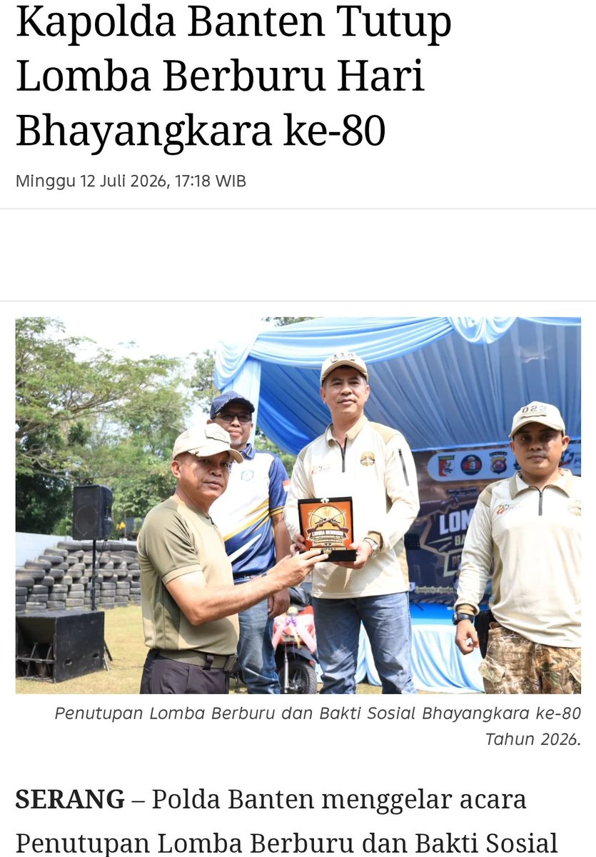CkdHumas's tweet photo. Polda Banten menggelar acara Penutupan Lomba Berburu dan Bakti Sosial Bhayangkara ke-80 Tahun 2026. Kegiatan berlangsung di Lapangan Tembak Pendek Mapolda Banten https://t.co/ftUfYZfBXk