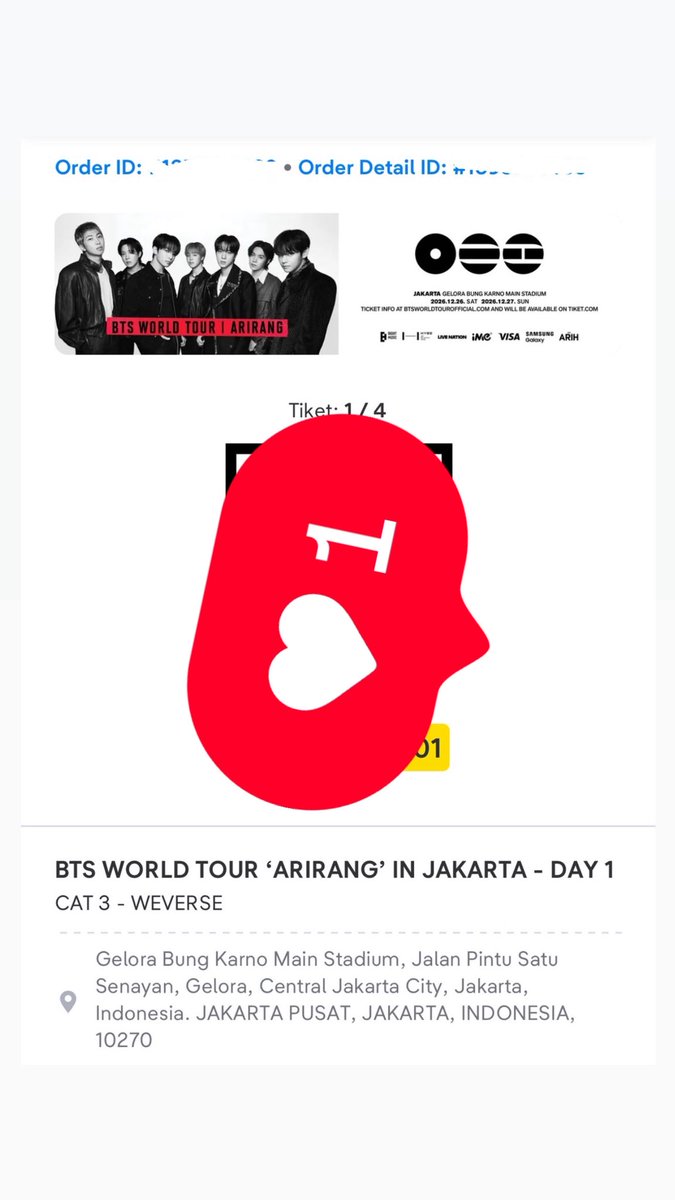 azizaheo's tweet photo. Hii aku mau WTS BTS ARIRANG JAKARTA
Jual tiket krn udh dpt vip
Sisa 1 tiket ya
📍DAY 1 : CAT 3 (1tix)

✅Diurus sampe fisik 
✅Bisa dp 50%
‼️No HNR
‼️Serious buyer only
‼️No nipu takut dosa

💌DM for info
wts, wtb, wtt

#armybantuarmy
#BTS_ARIRANG #BTS_ARIRANG_TOUR_IN_JAKARTA https://t.co/cxxMakmduS